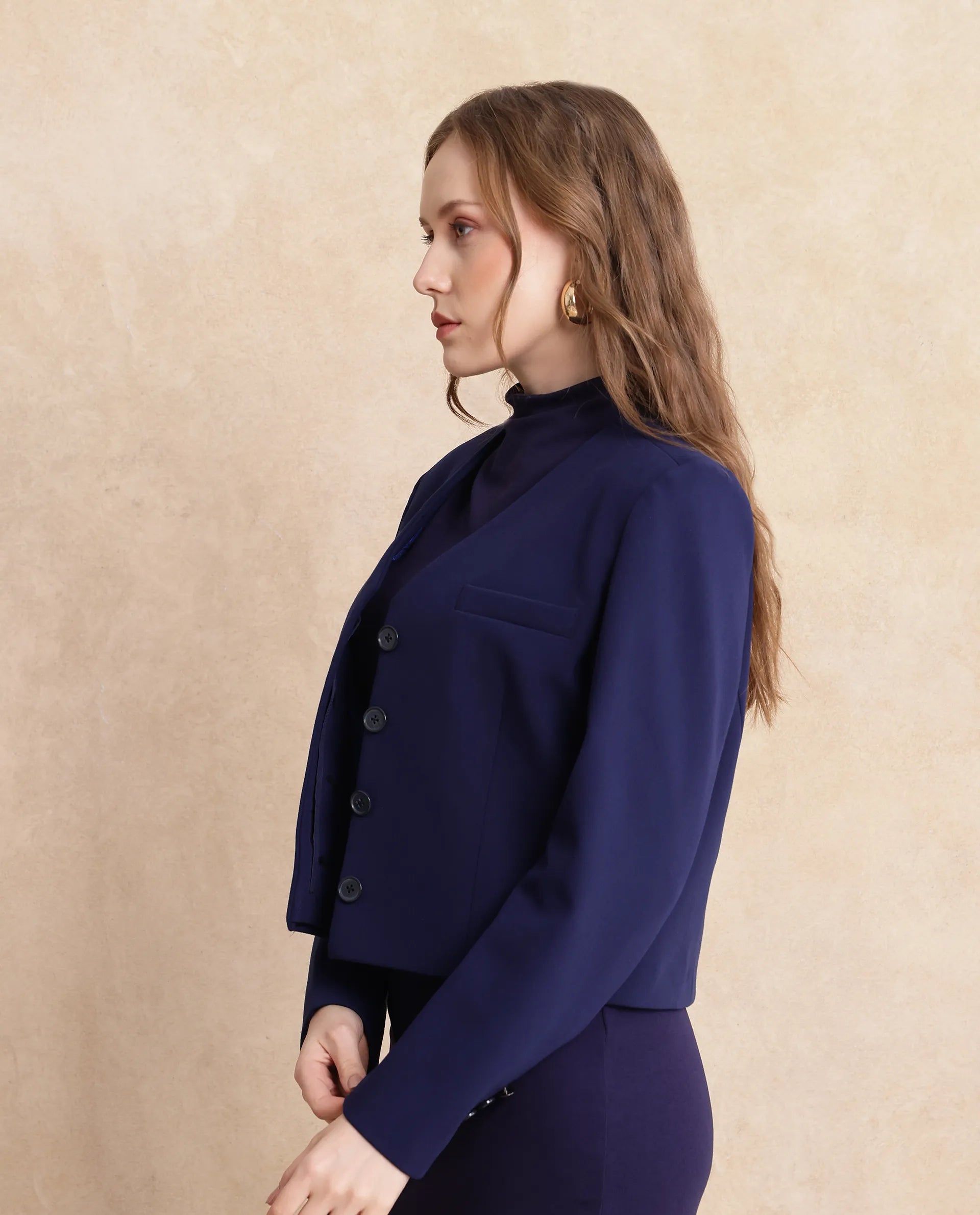 Rareism Women Castlei Dark Navy Full Sleeve V-Neck Button Closure Plain Jacket