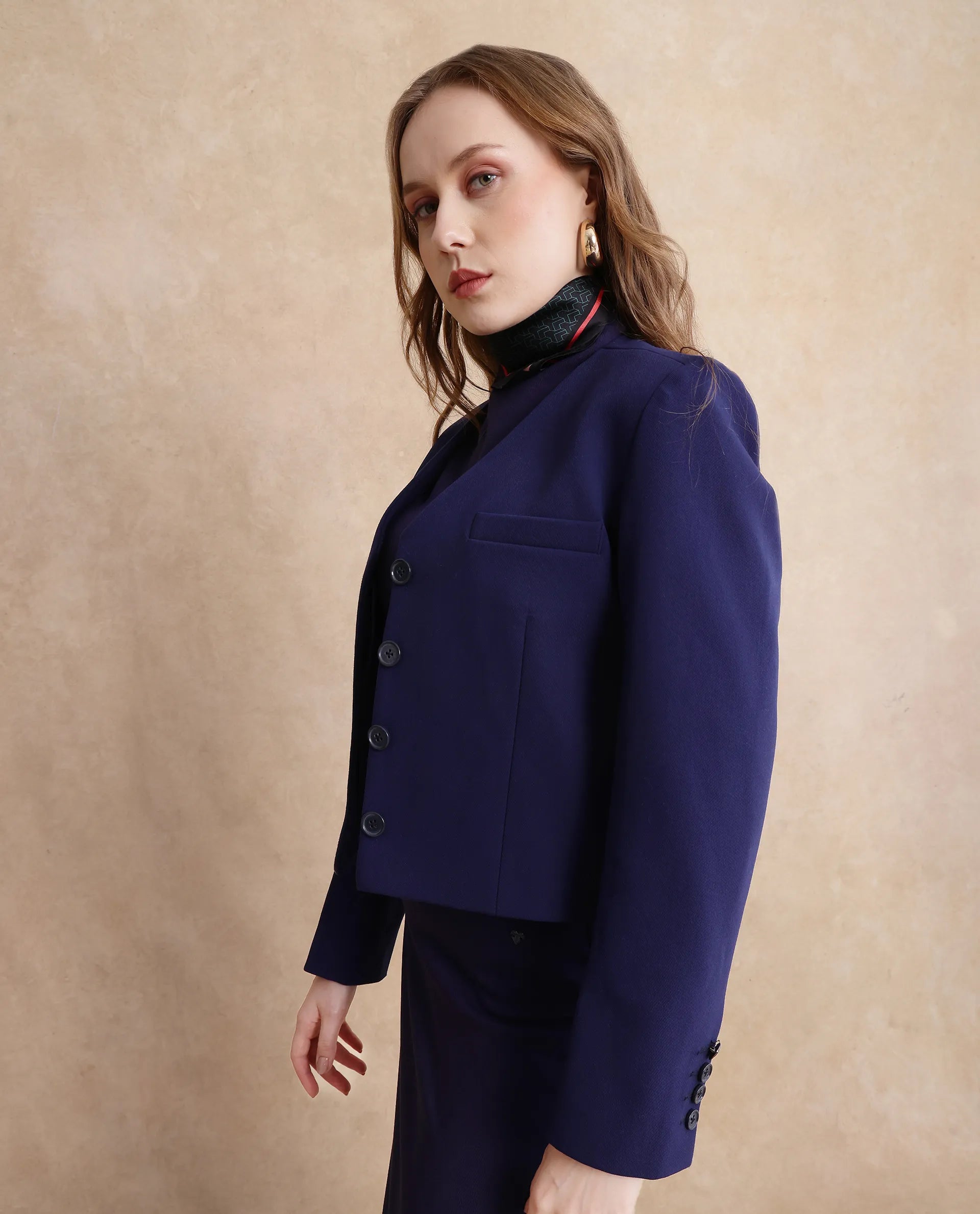 Rareism Women Castlei Dark Navy Full Sleeve V-Neck Button Closure Plain Jacket
