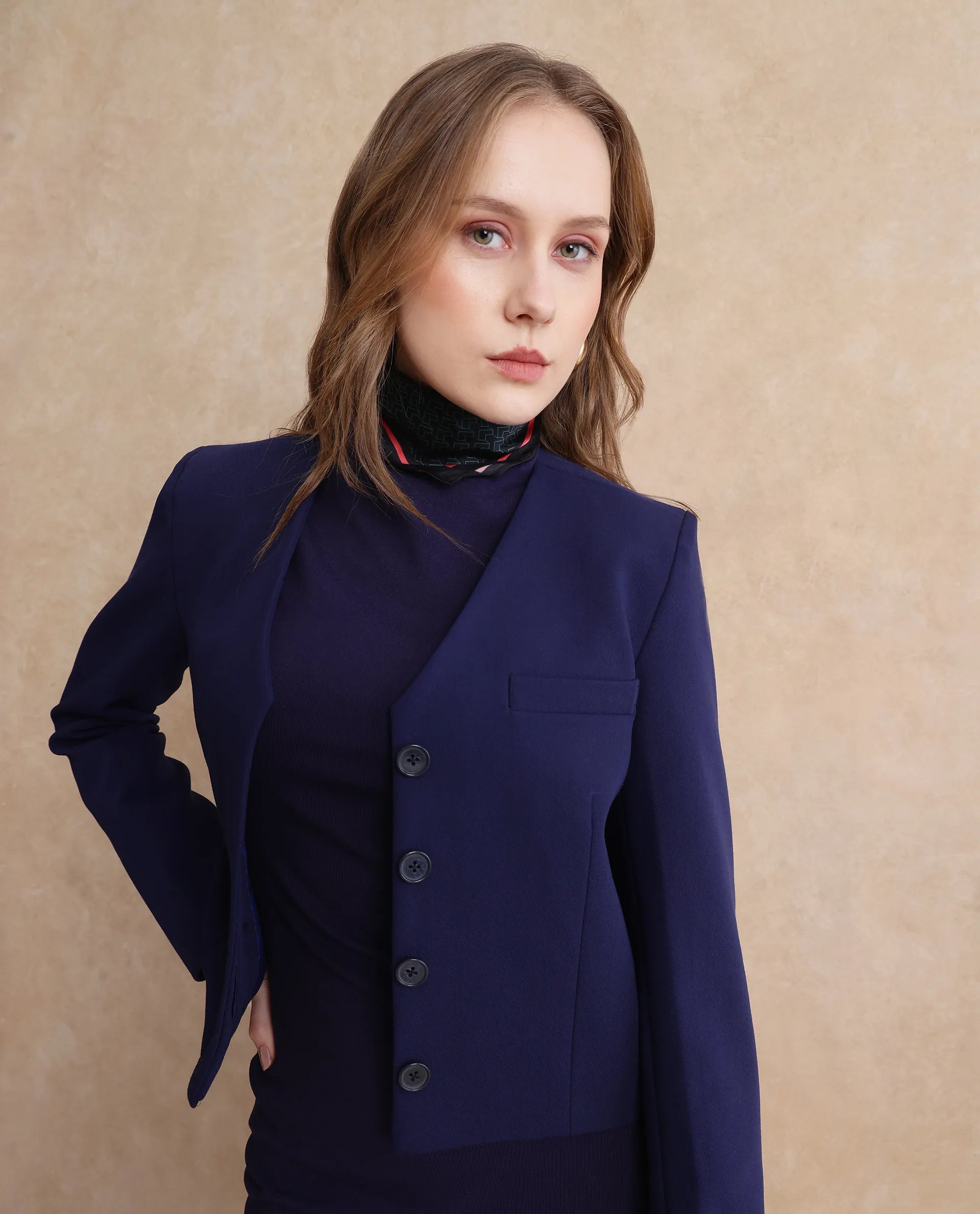 Rareism Women Castlei Dark Navy Full Sleeve V-Neck Button Closure Plain Jacket