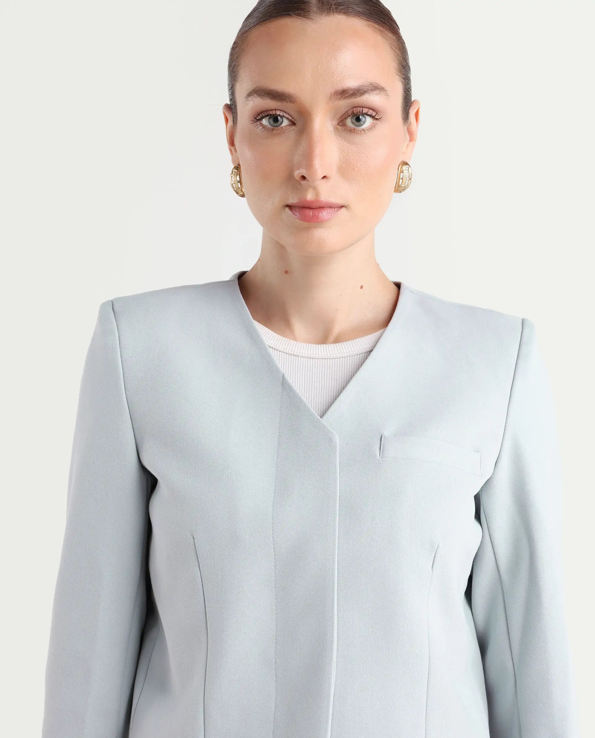 Rareism Women's Castlei Light Grey V-Neck Plain Regular Fit Jacket