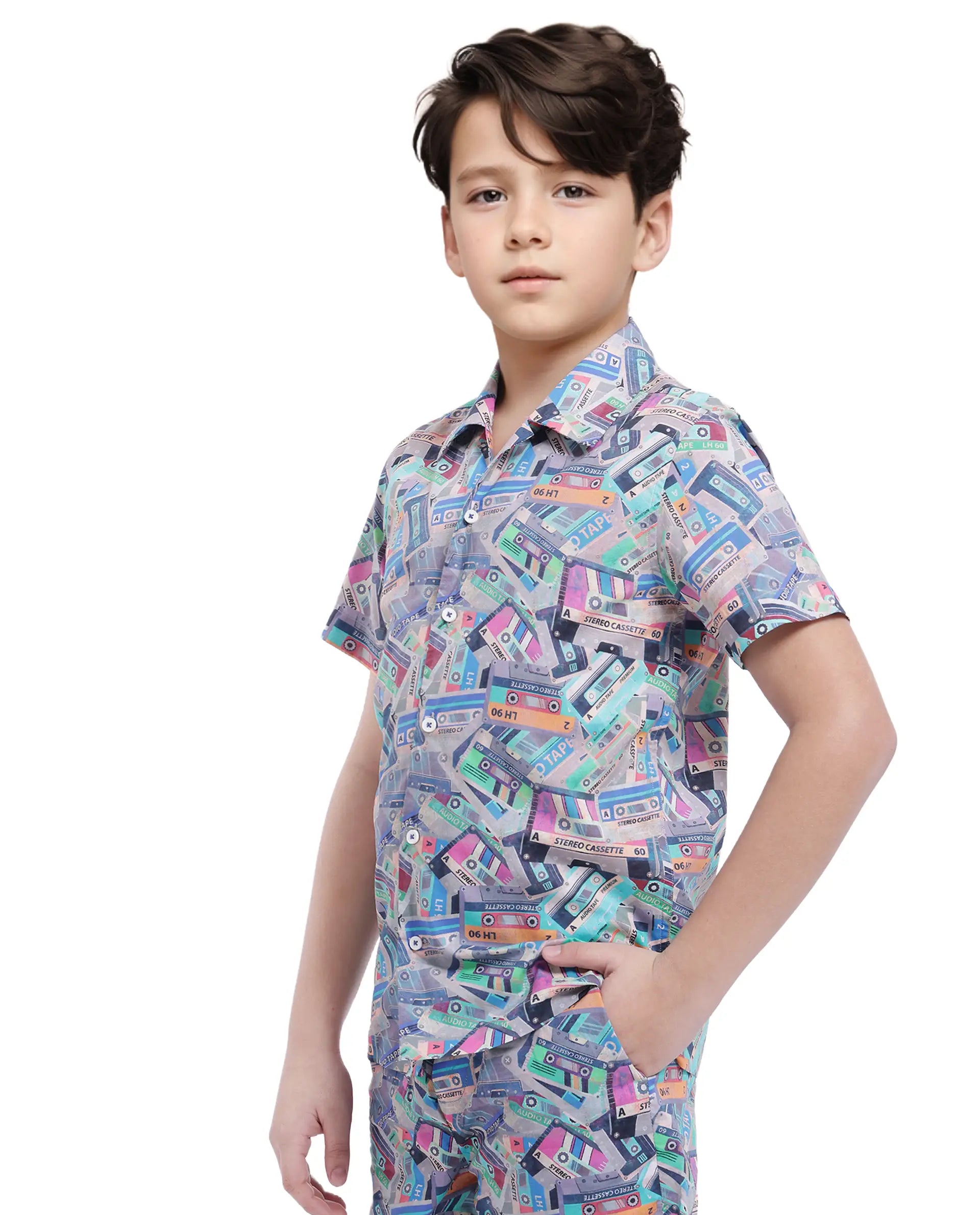 Rare Ones Kids Cast Light Brown Cotton Short Sleeve Cuban Collar Digital Print Shirt