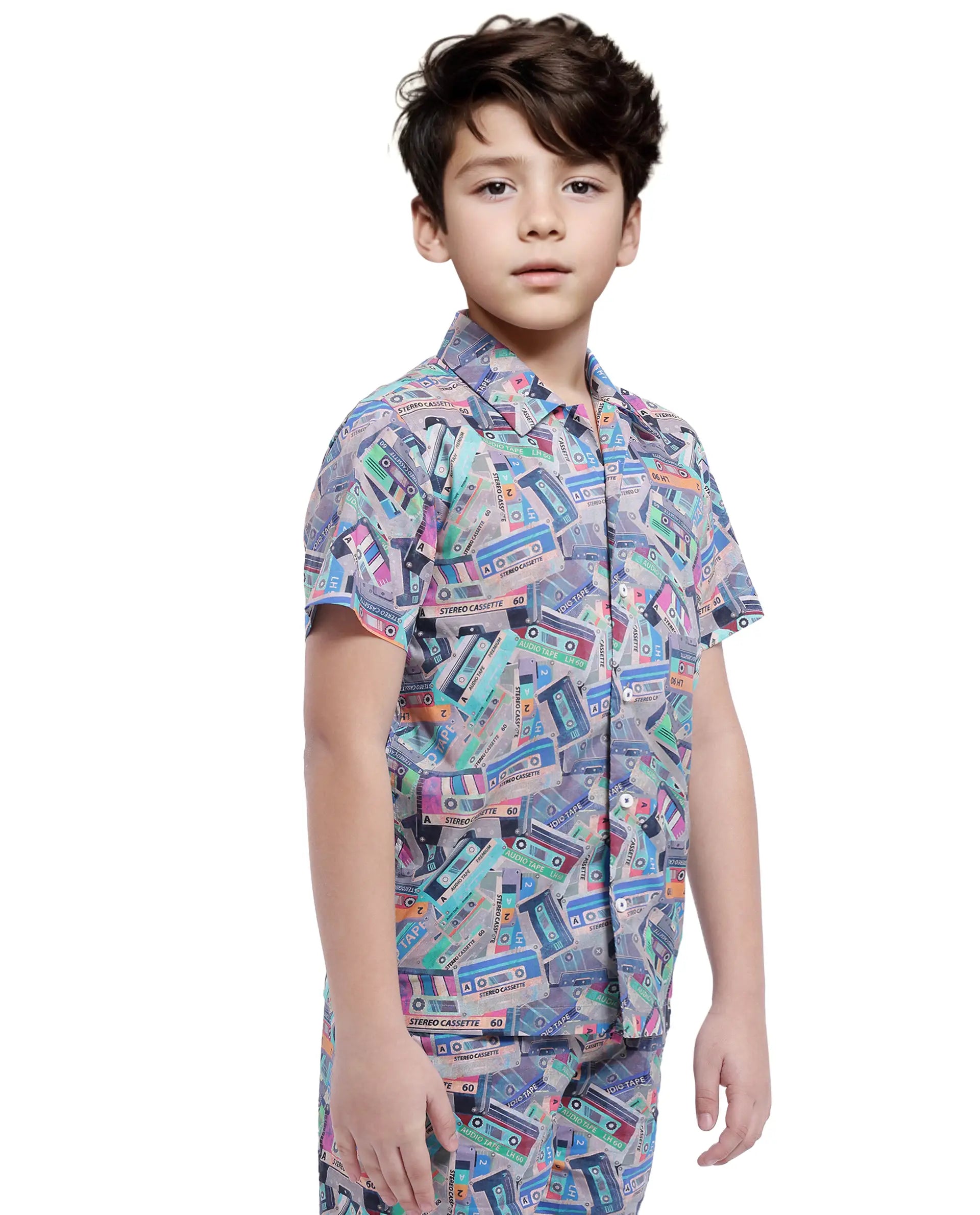 Rare Ones Kids Cast Light Brown Cotton Short Sleeve Cuban Collar Digital Print Shirt