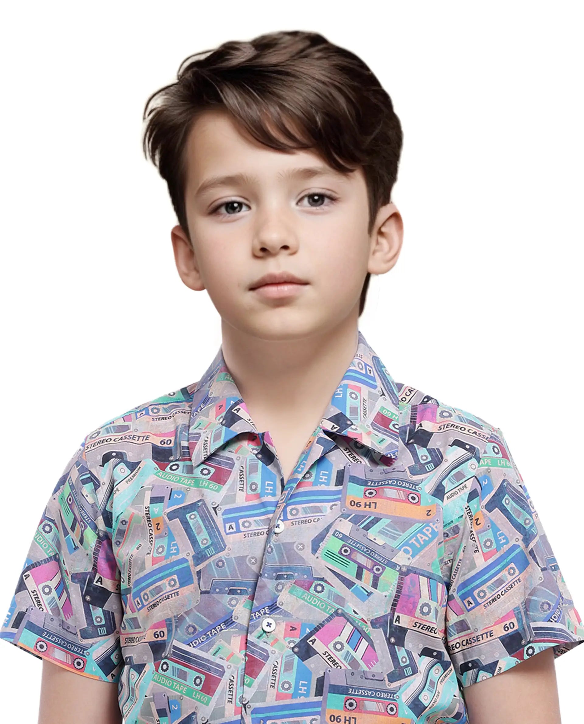 Rare Ones Kids Cast Light Brown Cotton Short Sleeve Cuban Collar Digital Print Shirt