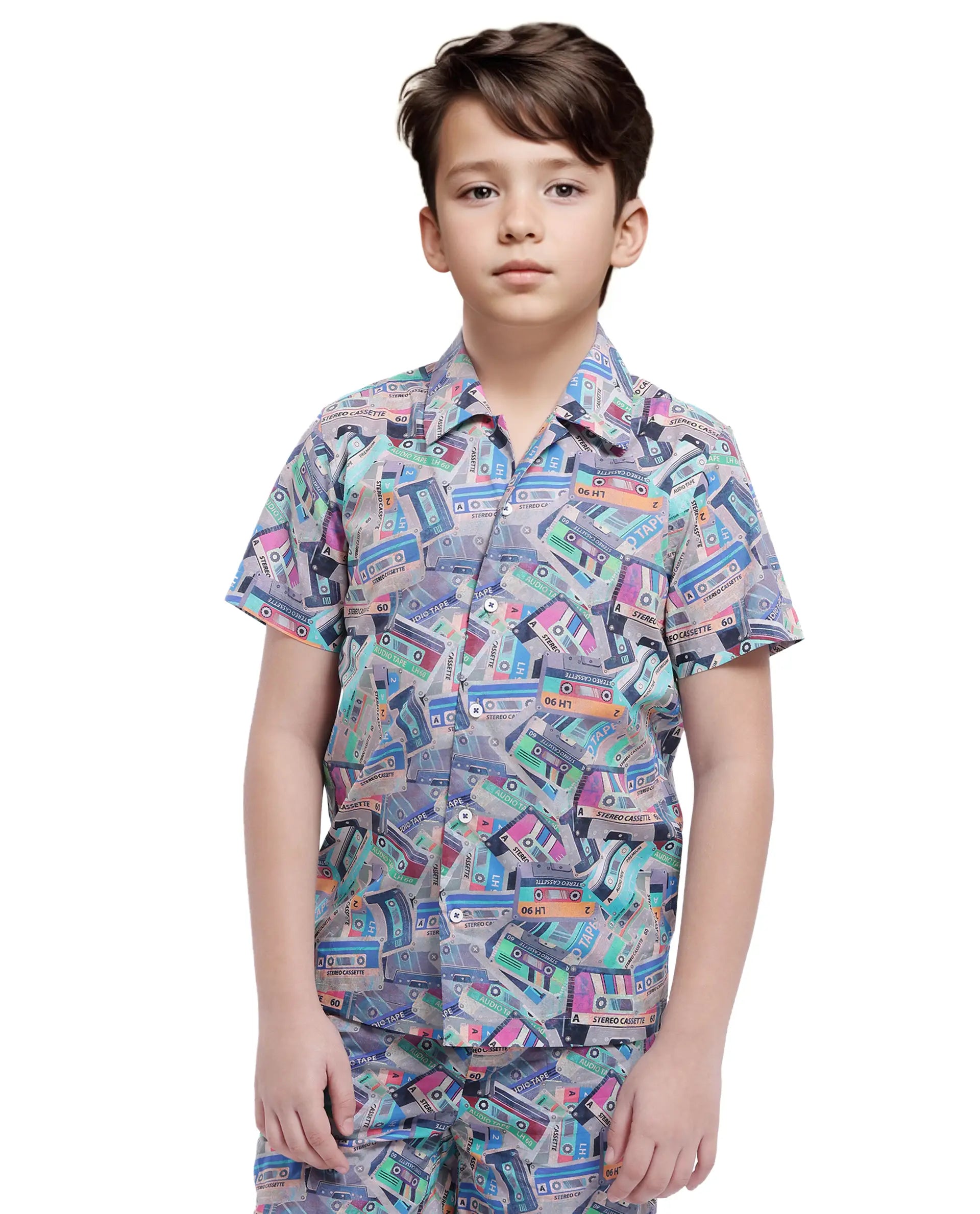 Rare Ones Kids Cast Light Brown Cotton Short Sleeve Cuban Collar Digital Print Shirt