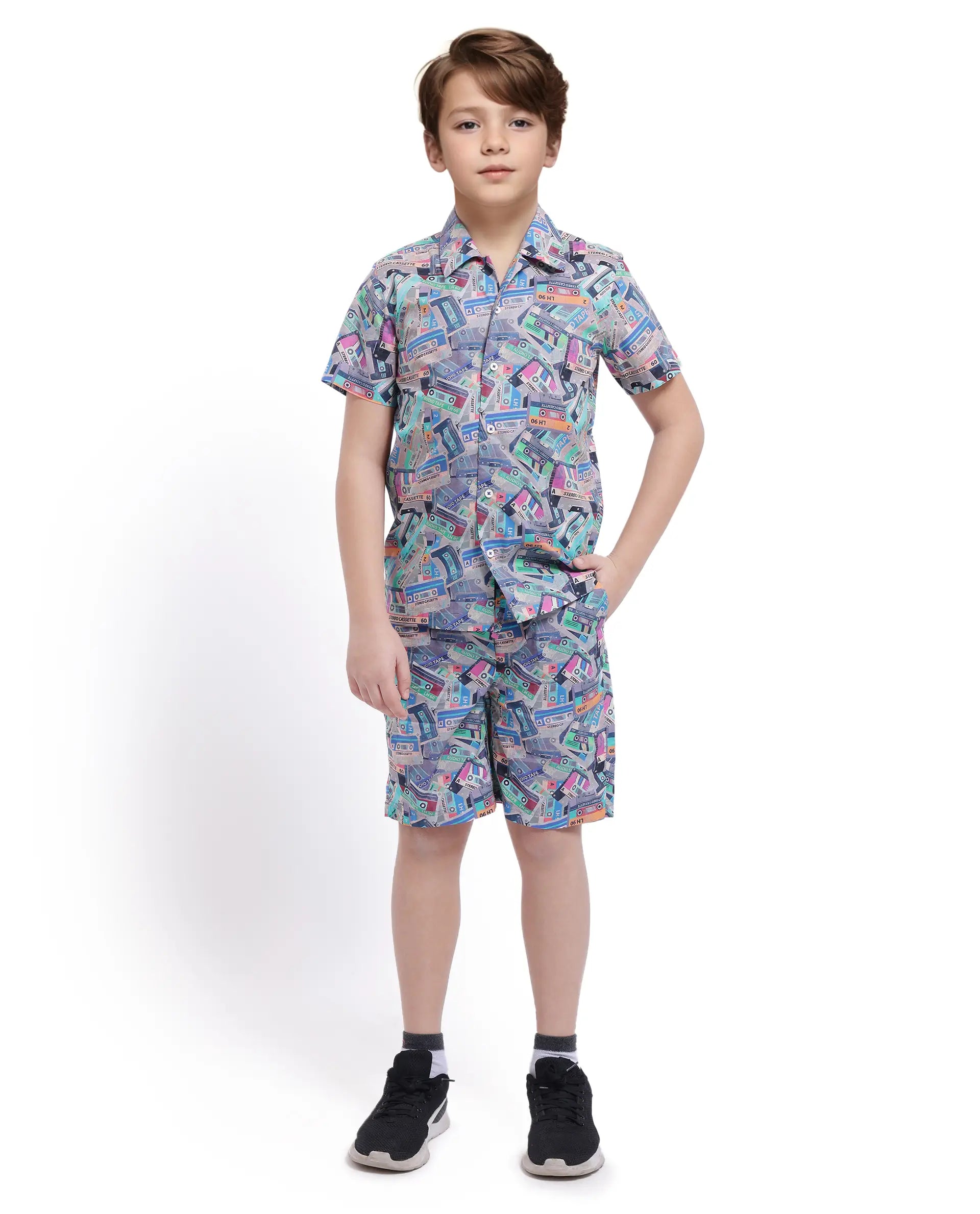 Rare Ones Kids Cast Light Brown Cotton Short Sleeve Cuban Collar Digital Print Shirt