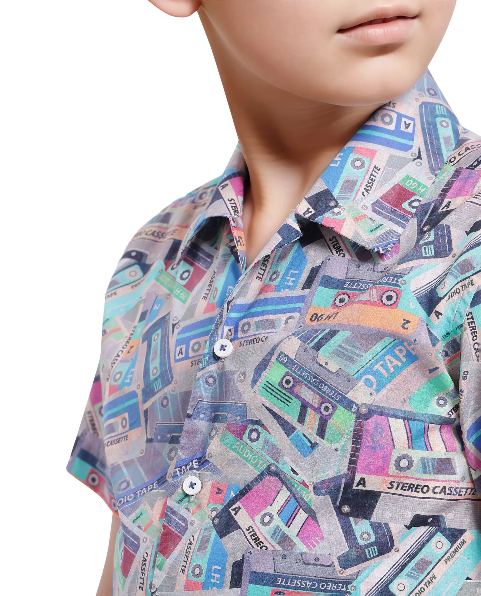 Rare Ones Kids Cast Light Brown Cotton Short Sleeve Cuban Collar Digital Print Shirt