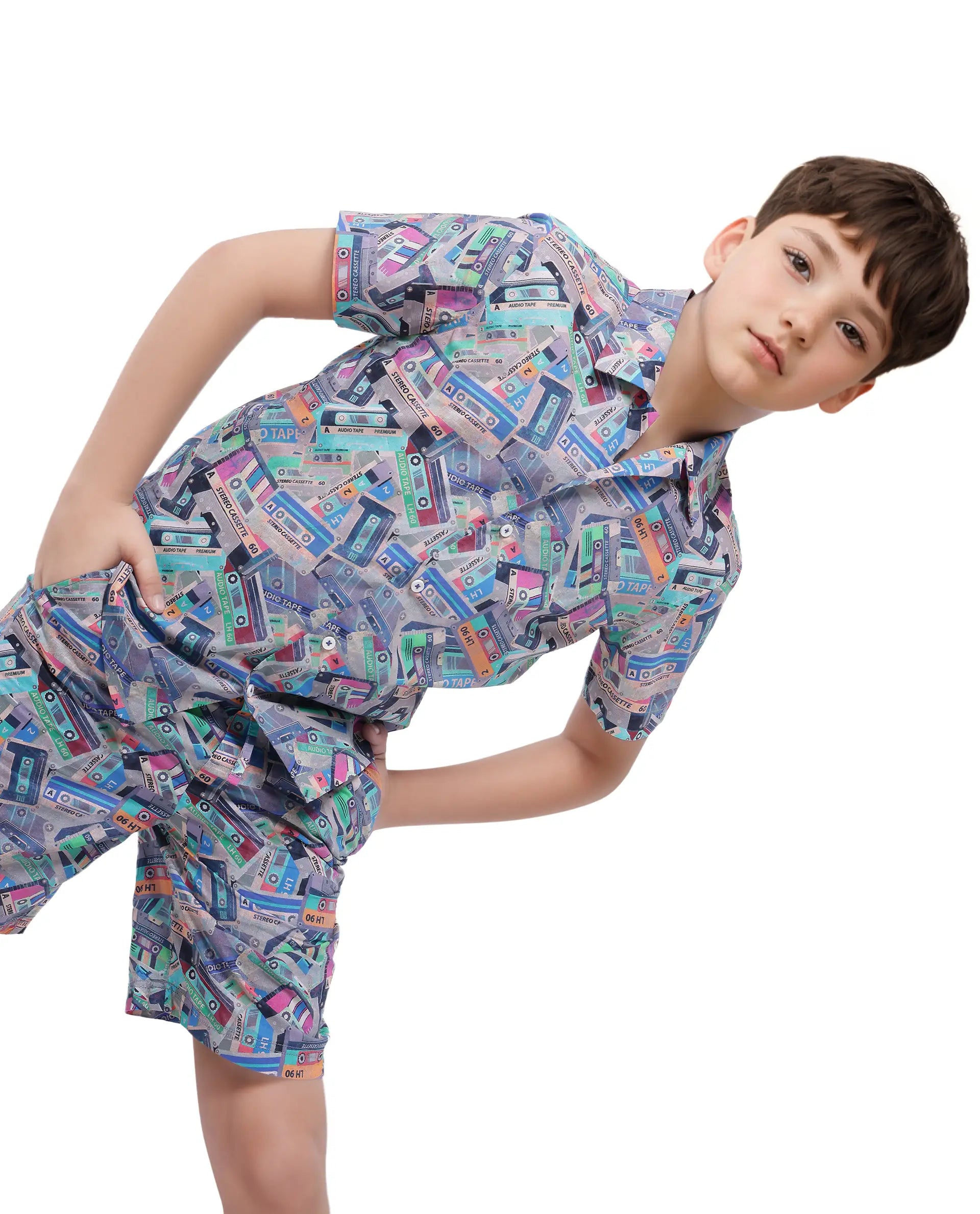 Rare Ones Kids Cast Light Brown Cotton Short Sleeve Cuban Collar Digital Print Shirt