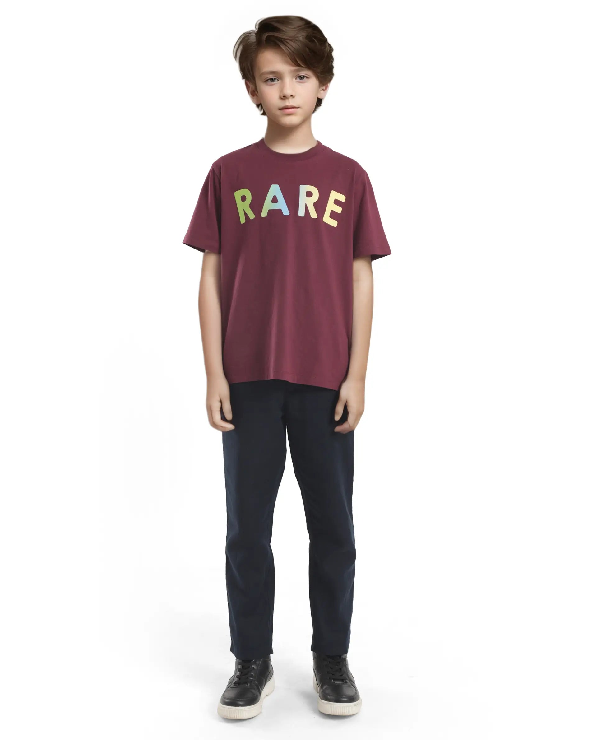 Rare Ones Kids Cati Dark Maroon Cotton Fabric Half Sleeves Crew Neck Graphic Print T-Shirt