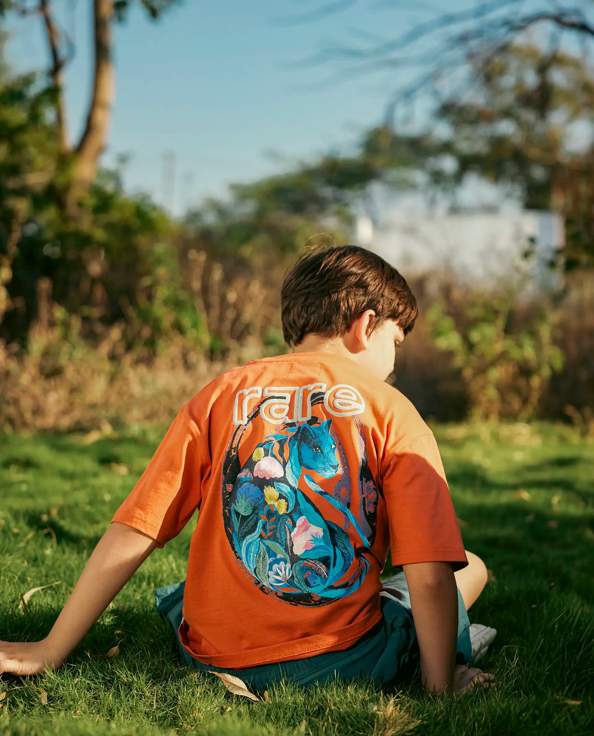 Rare Ones Kids Cato-K Orange Cotton Half Sleeve Slip-On Printed Boxy Fit T-Shirt