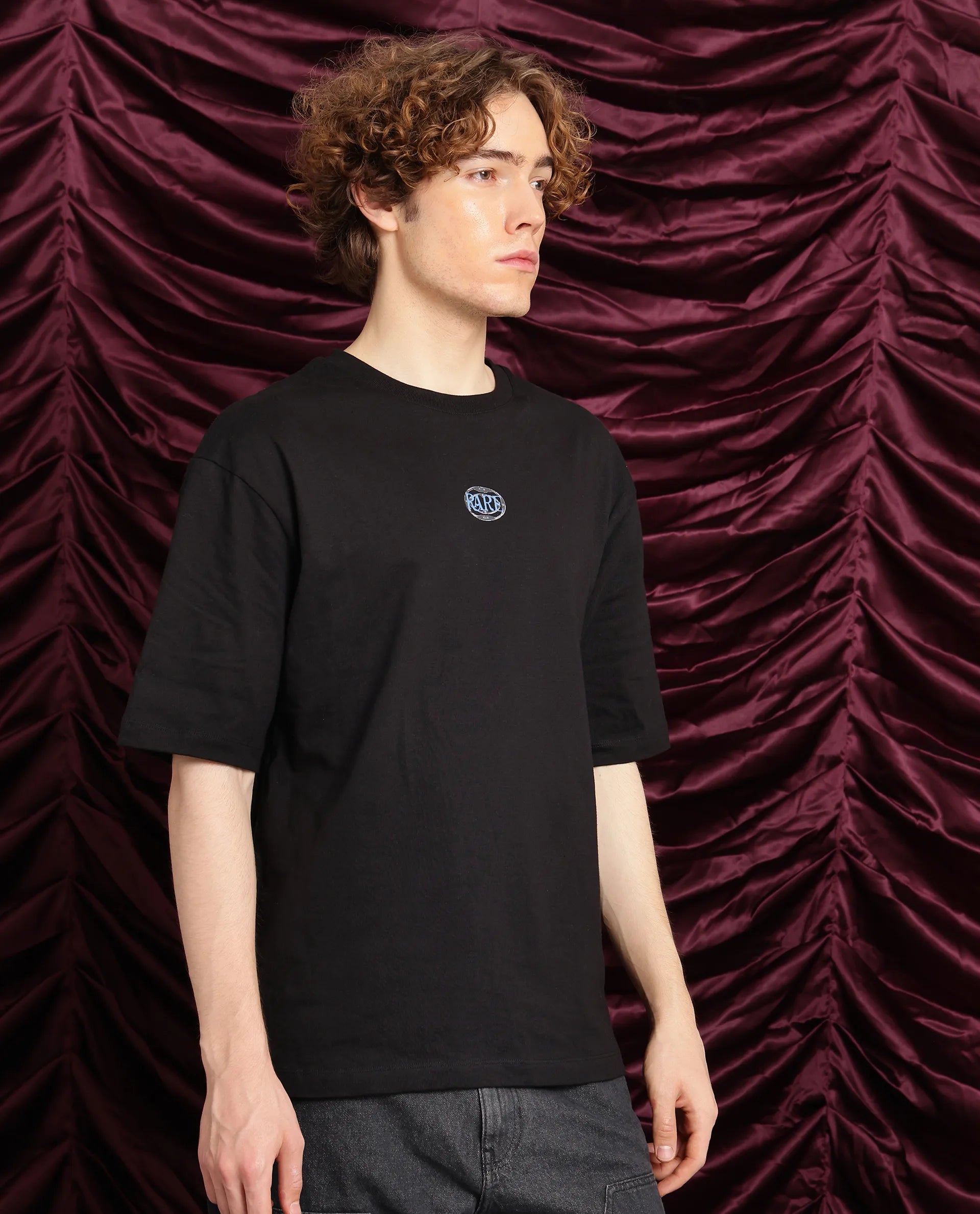 Rare Rabbit Men Cato Black Cotton Fabric Short Sleeve Crew Neck Boxy Fit Graphic Print T-Shirt