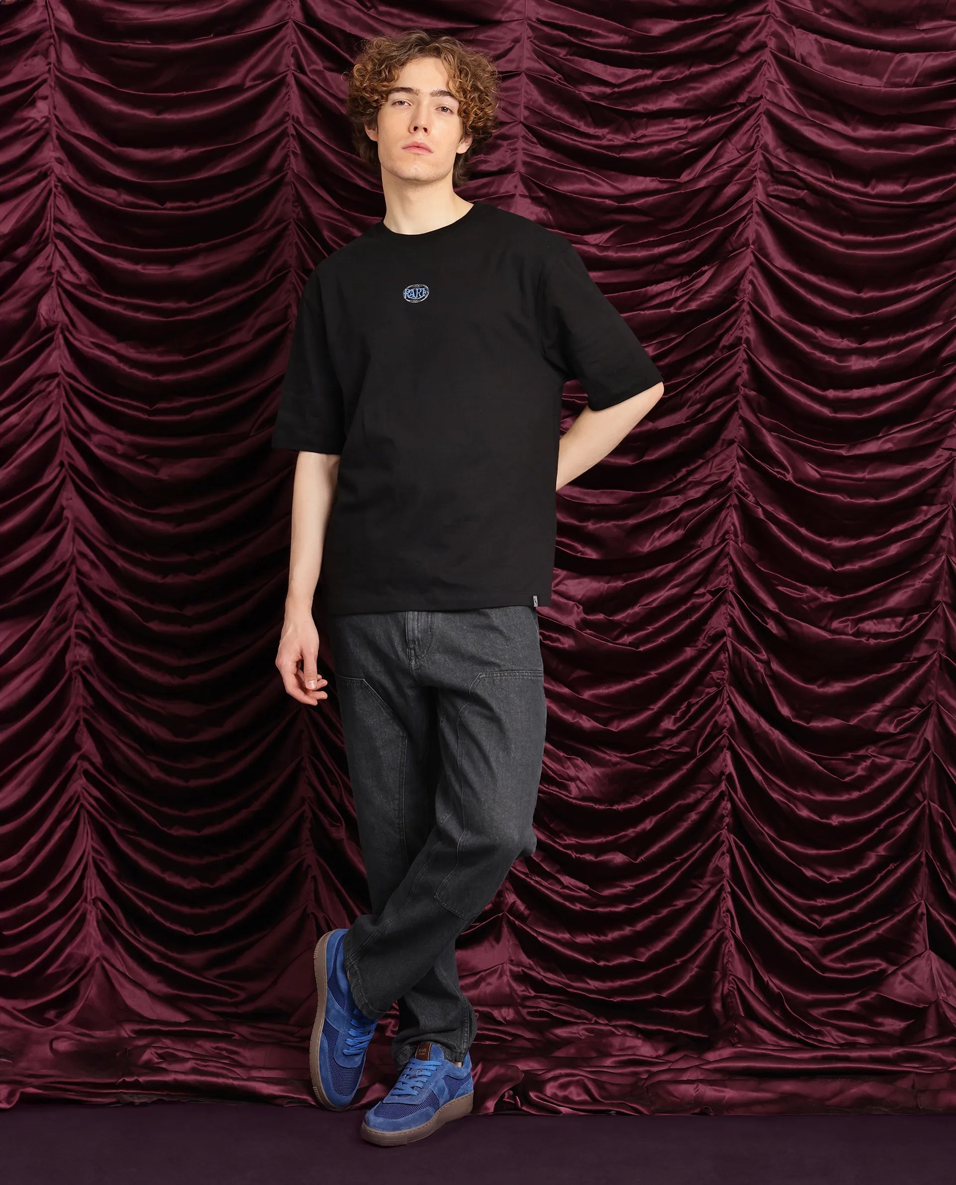 Rare Rabbit Men Cato Black Cotton Fabric Short Sleeve Crew Neck Boxy Fit Graphic Print T-Shirt