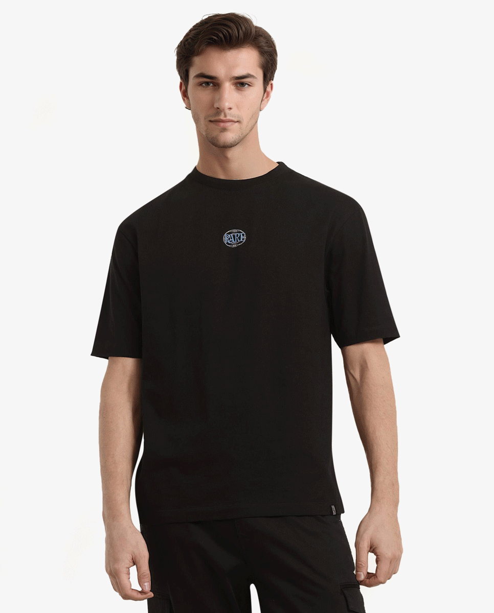 Rare Rabbit Men Cato Black Cotton Fabric Short Sleeve Crew Neck Boxy Fit Graphic Print T-Shirt