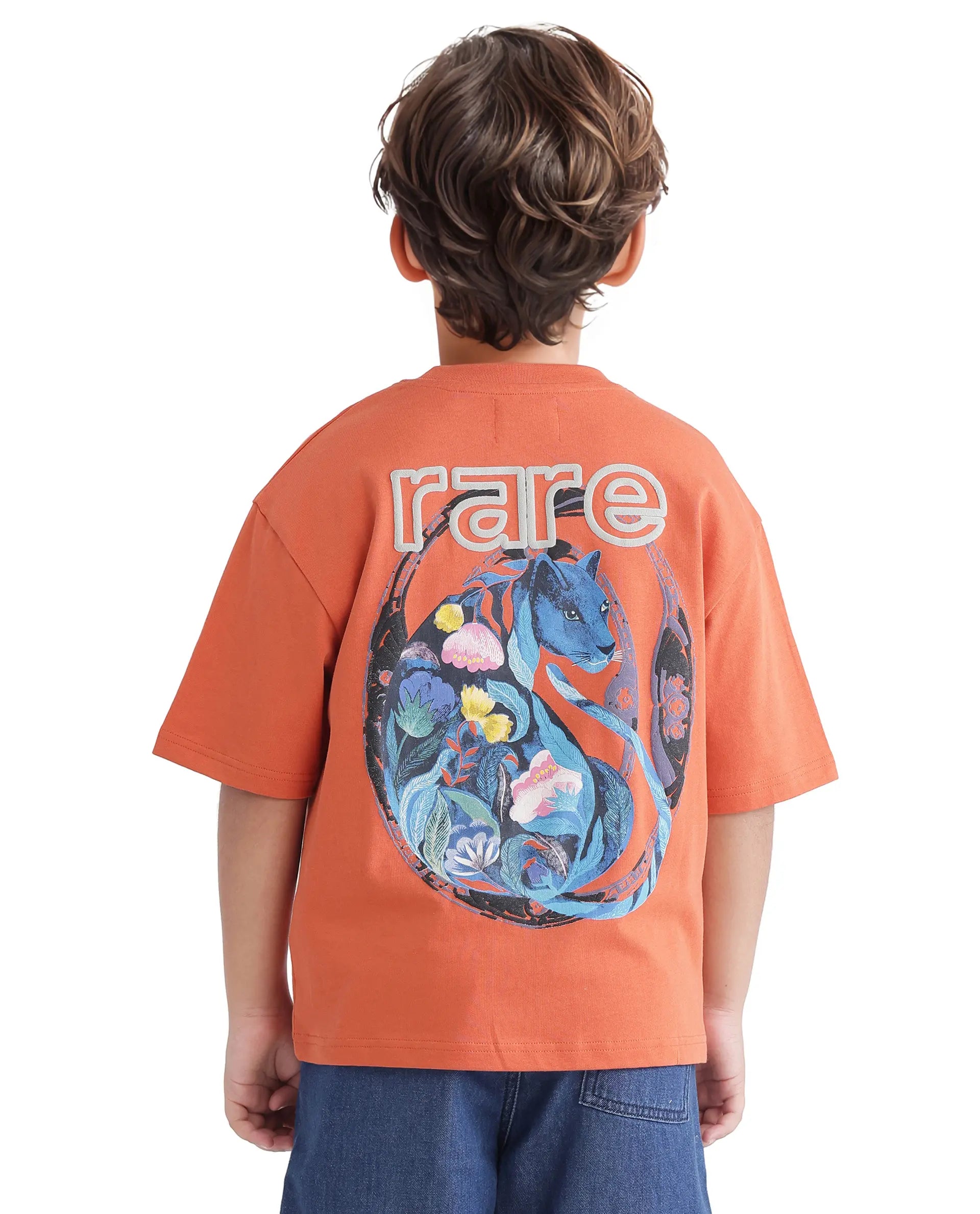 Rare Ones Kids Cato-K Orange Cotton Half Sleeve Slip-On Printed Boxy Fit T-Shirt