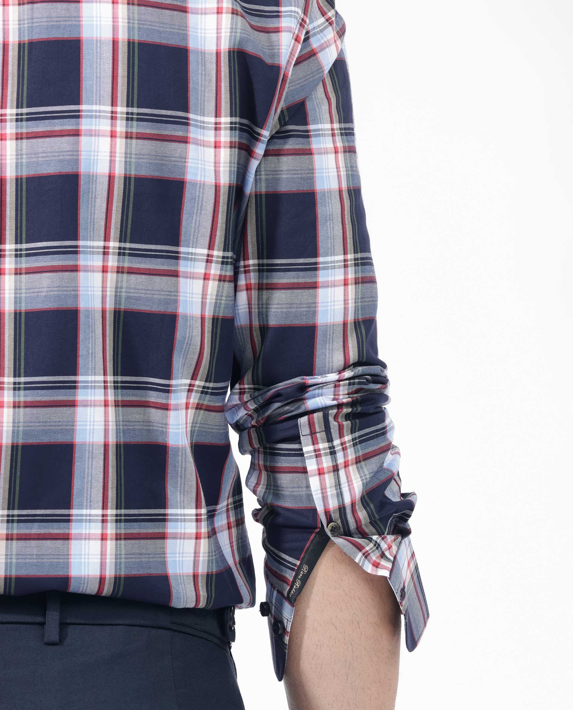 Rare Rabbit Men's Caton Navy Cotton Fabric Full Sleeves Twill Checks Shirt