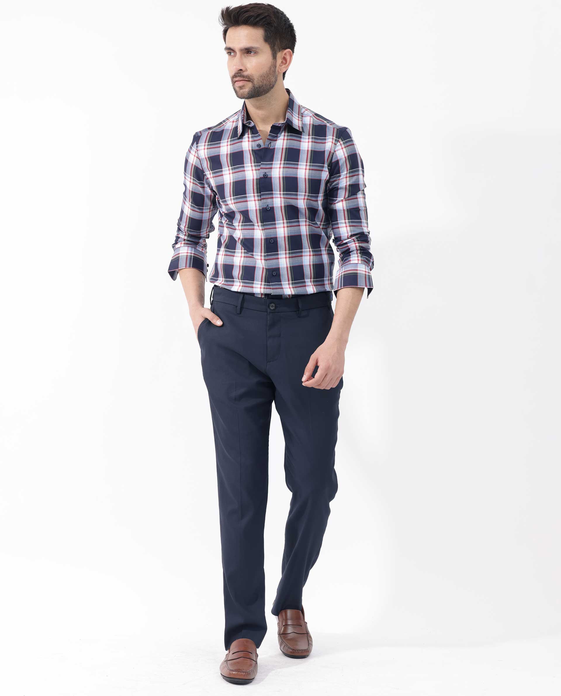 Rare Rabbit Men's Caton Navy Cotton Fabric Full Sleeves Twill Checks Shirt