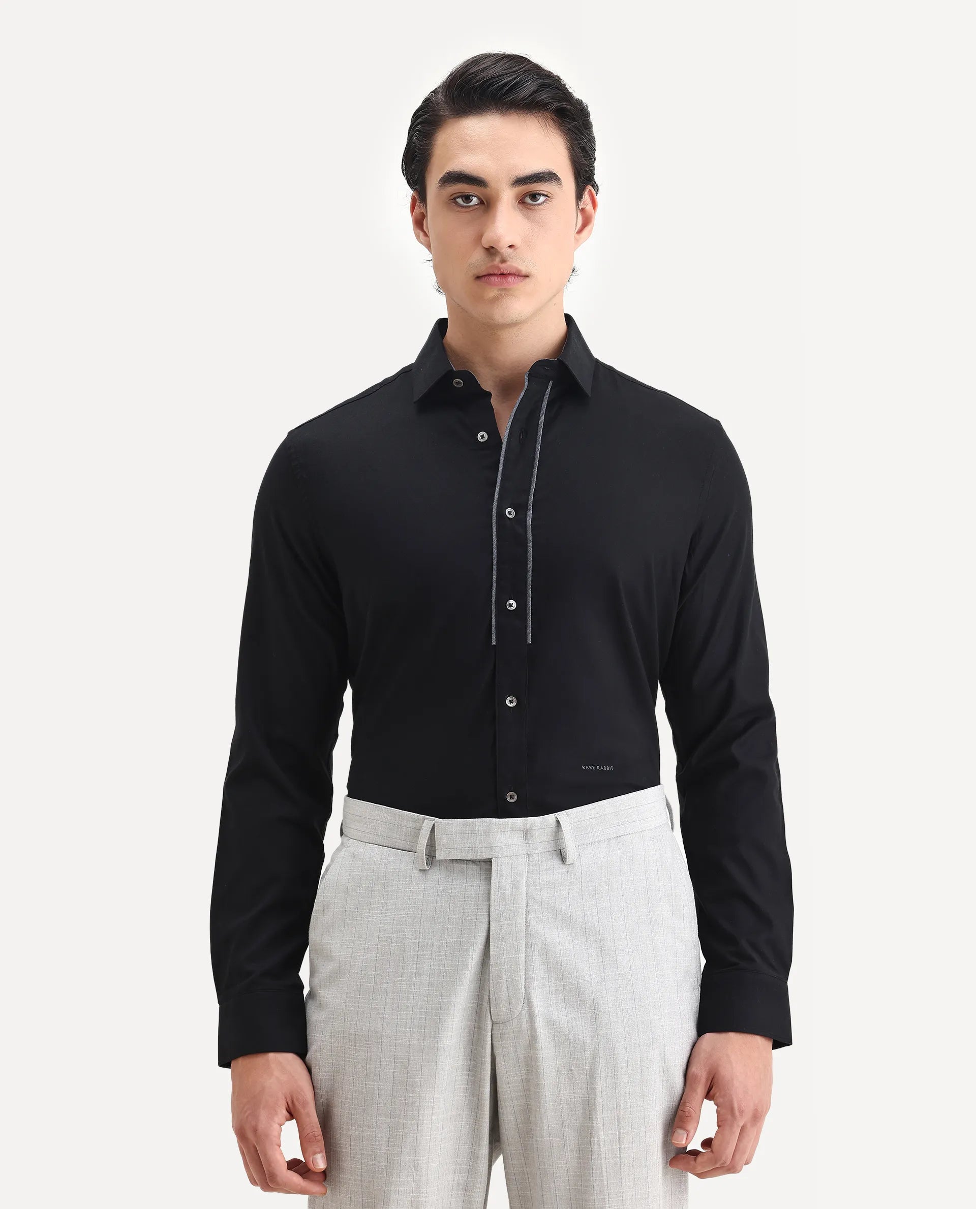 Rare Rabbit Men's Cavell Black Cotton Plain Regular Fit Full Sleeve Collared Shirt