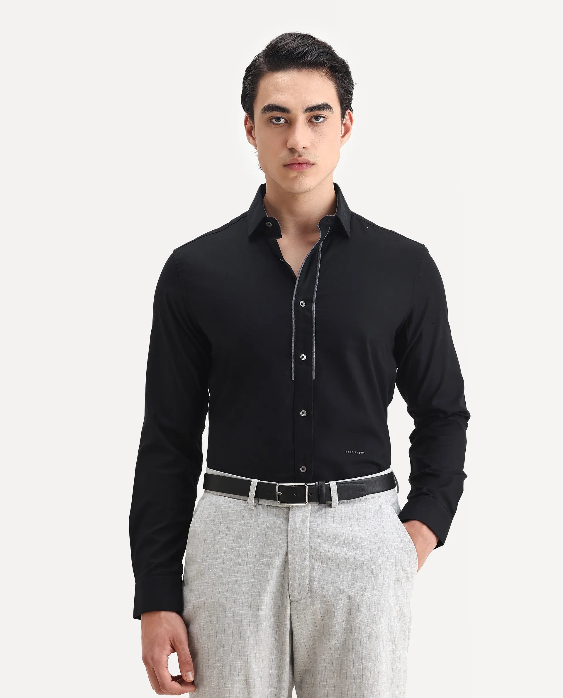 Rare Rabbit Men's Cavell Black Cotton Plain Regular Fit Full Sleeve Collared Shirt