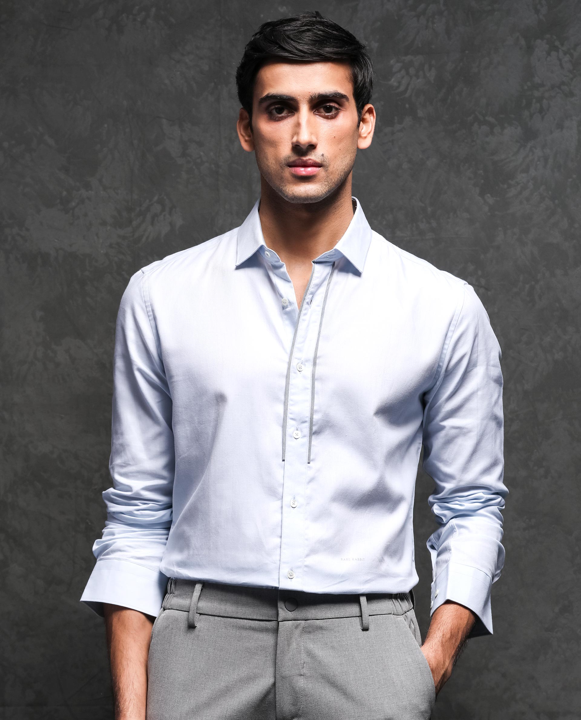 Rare Rabbit Men'S Cavell Pastel Blue Shirt Cotton Fabric Collared Neck Full Sleeves Button Closure Slim Fit