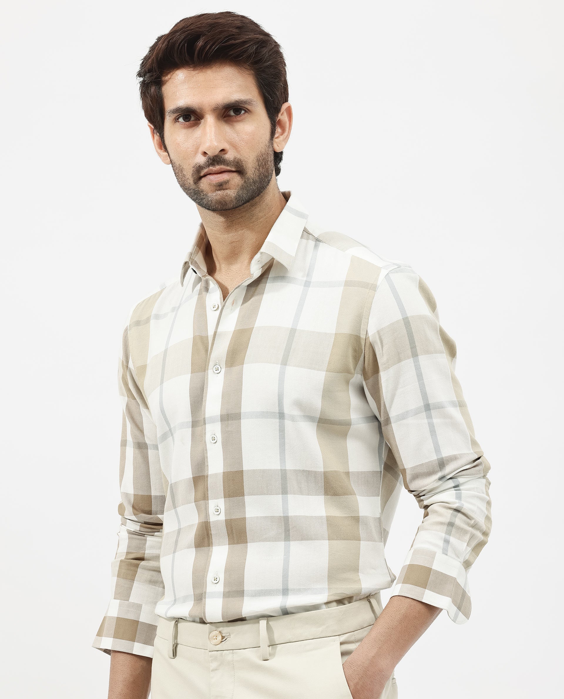 Rare Rabbit Mens Cavours Beige Cotton Fabric Collared Neck Full Sleeves Check Shirt