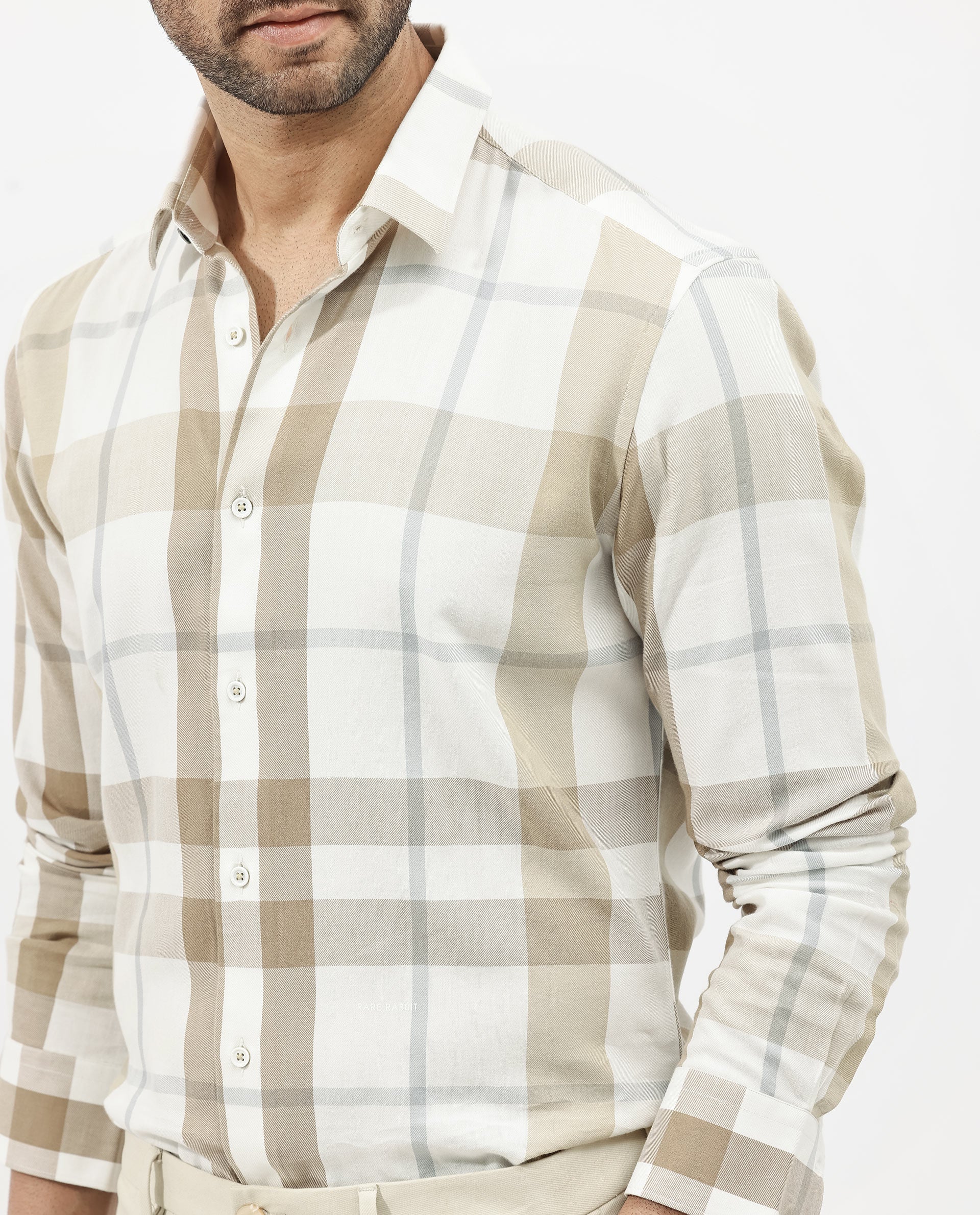 Rare Rabbit Mens Cavours Beige Cotton Fabric Collared Neck Full Sleeves Check Shirt