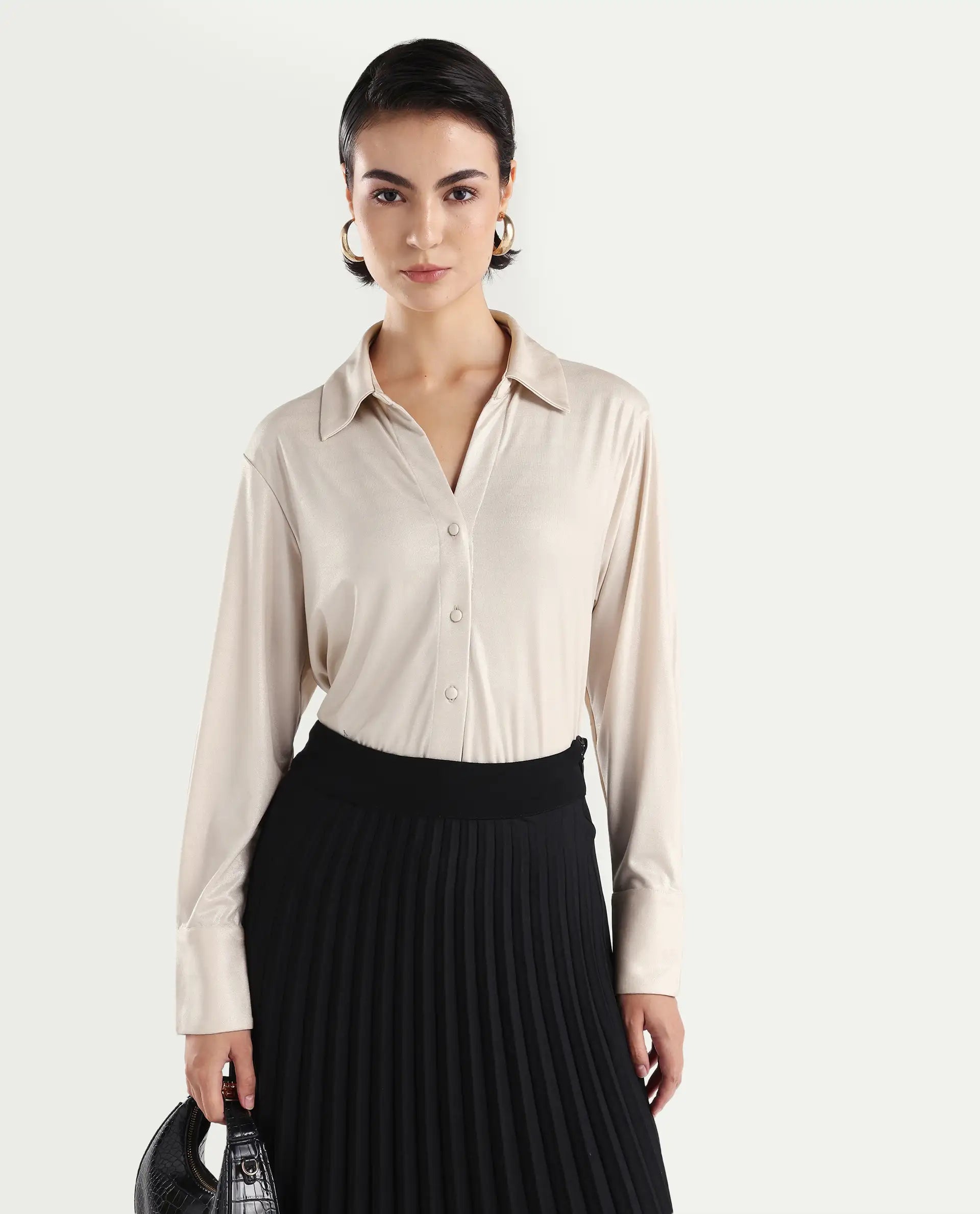 Rareism Women's Cawer Metalic Gold Polyester Drop Collar Plain Cuffed Sleeve Regular Fit Shirt