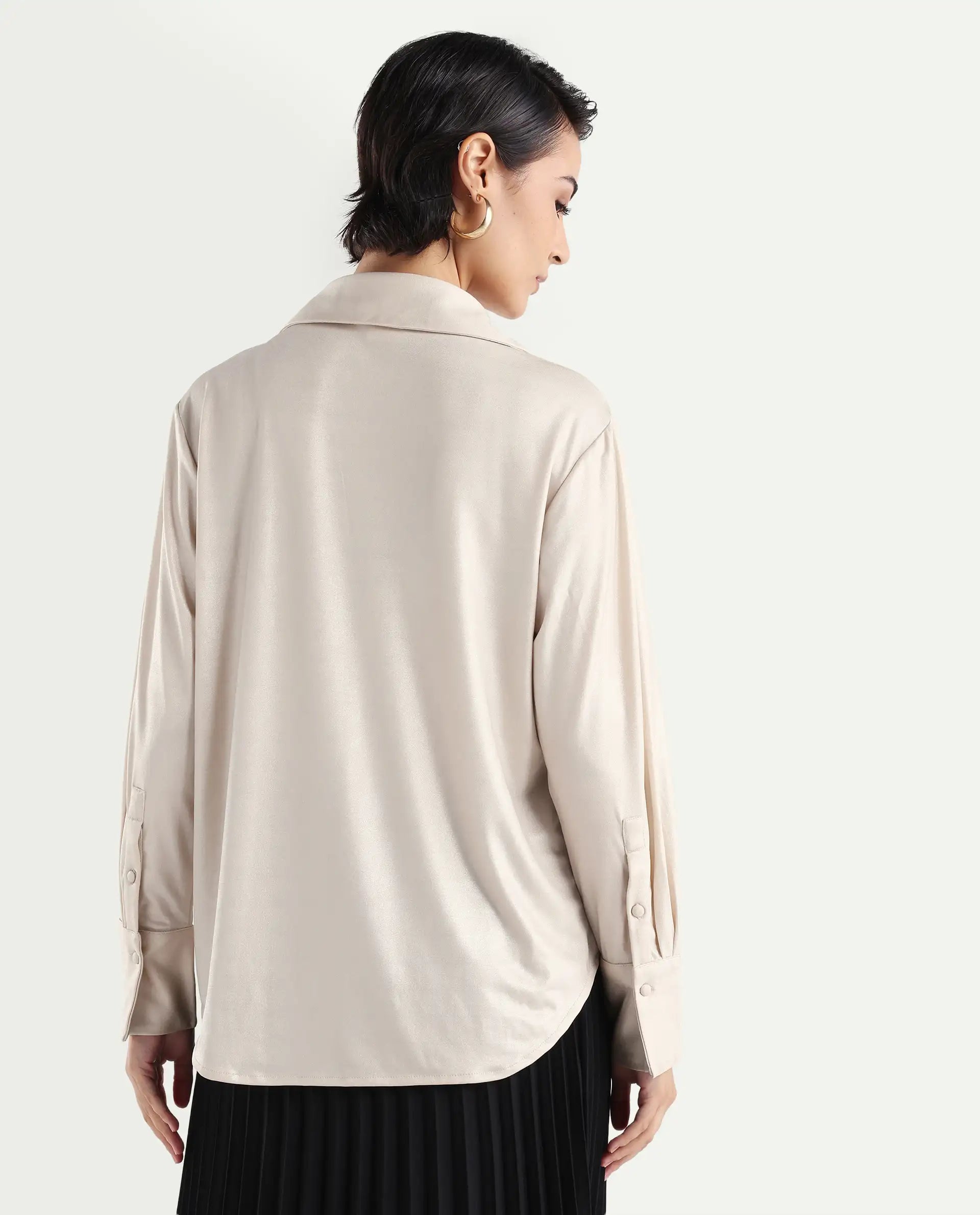 Rareism Women's Cawer Metalic Gold Polyester Drop Collar Plain Cuffed Sleeve Regular Fit Shirt