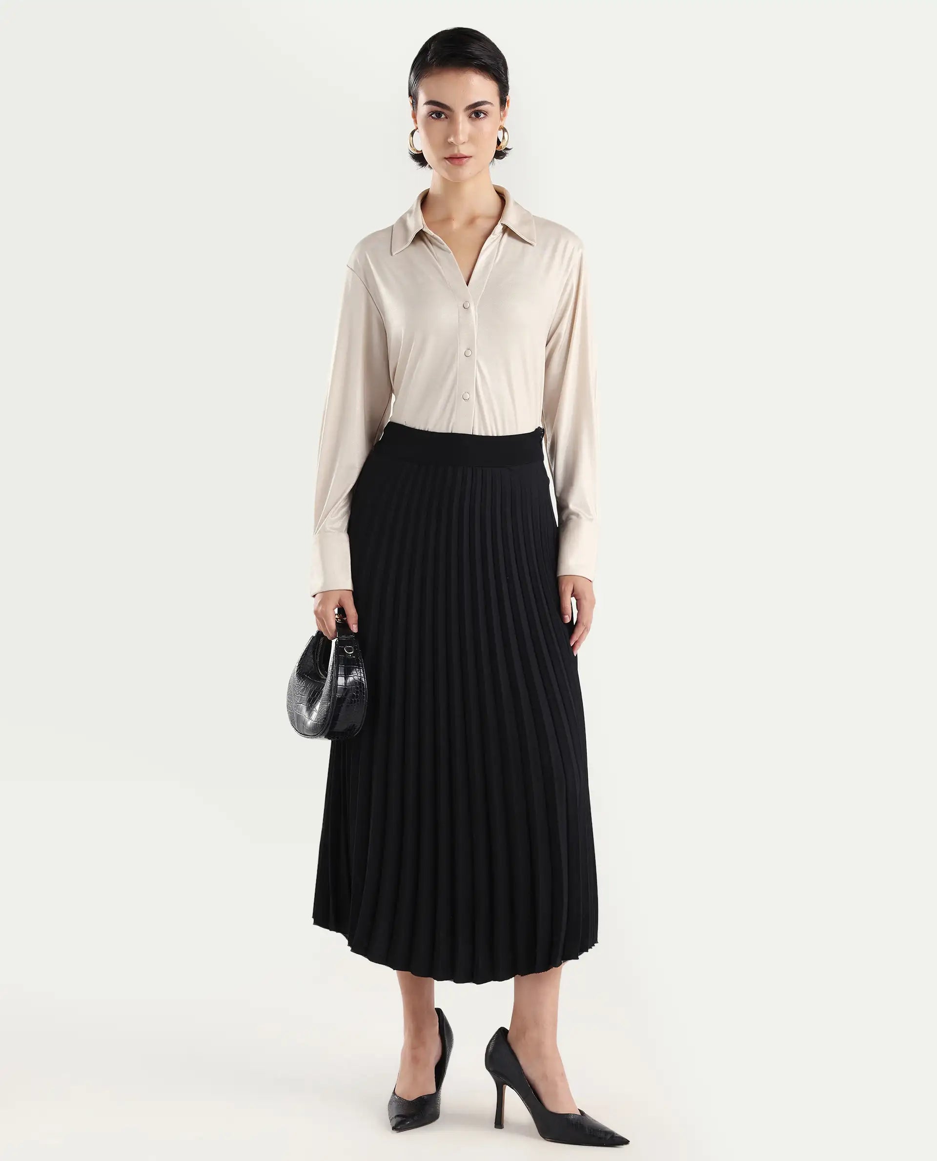 Rareism Women's Cawer Metalic Gold Polyester Drop Collar Plain Cuffed Sleeve Regular Fit Shirt