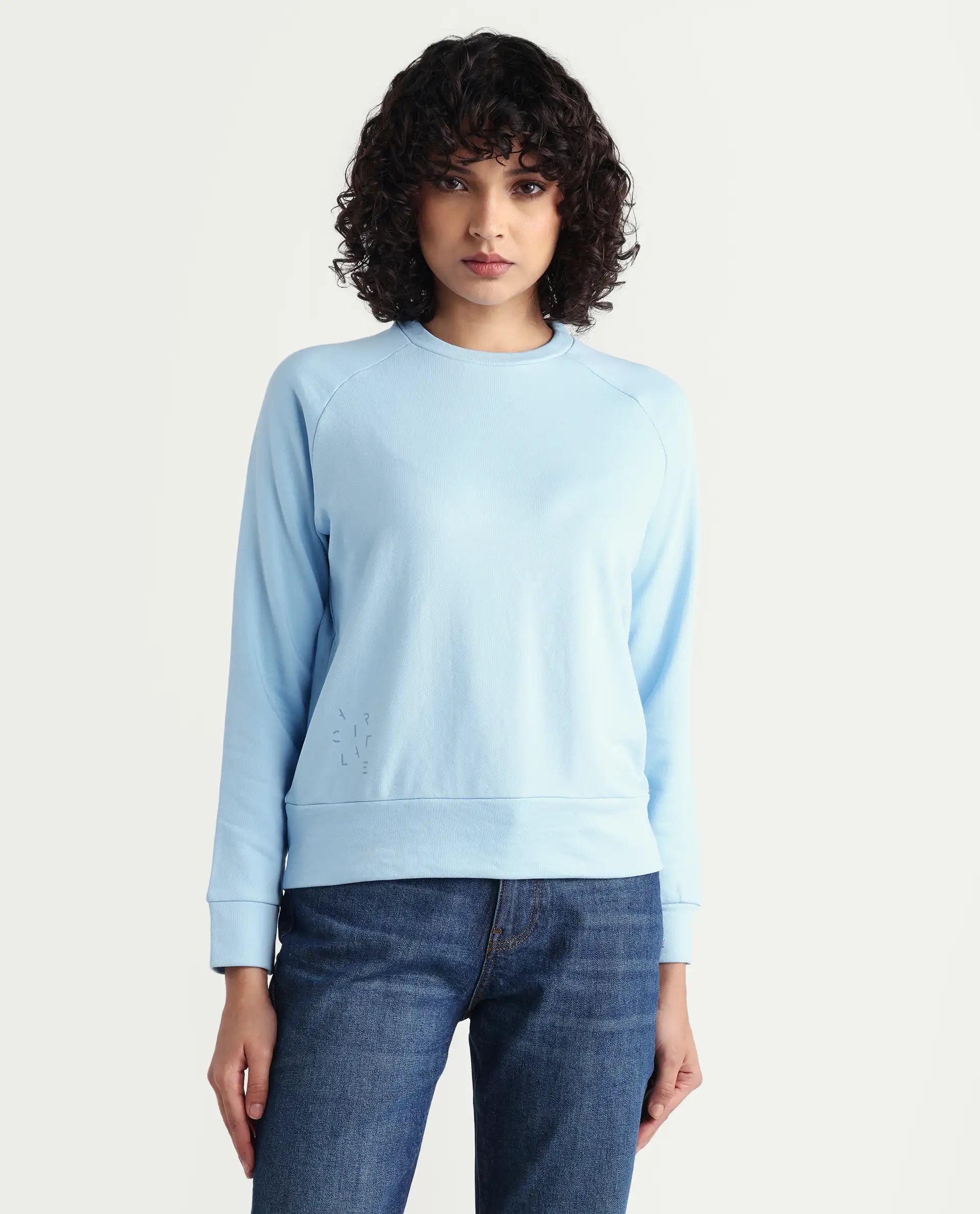 Rareism Women's Medium Weight Terry 290 Gsm Cotton Blend Crew Neck Plain Cuffed Sleeve Relaxed Fit Sweatshirt