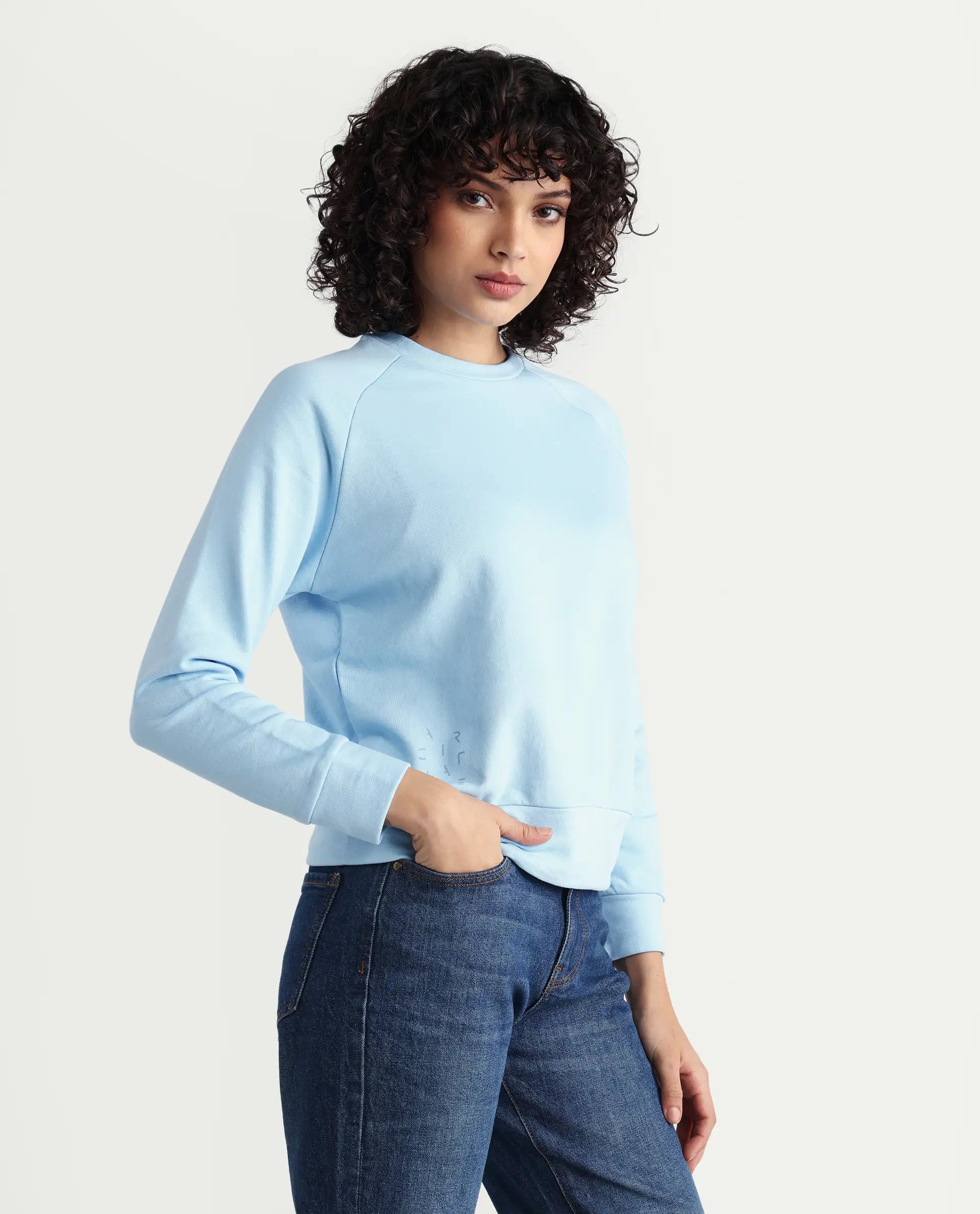 Rareism Women's Medium Weight Terry 290 Gsm Cotton Blend Crew Neck Plain Cuffed Sleeve Relaxed Fit Sweatshirt