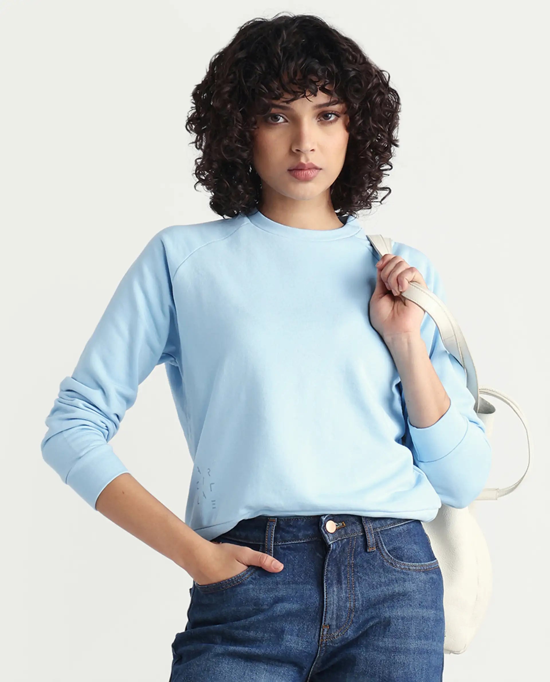 Rareism Women's Medium Weight Terry 290 Gsm Cotton Blend Crew Neck Plain Cuffed Sleeve Relaxed Fit Sweatshirt