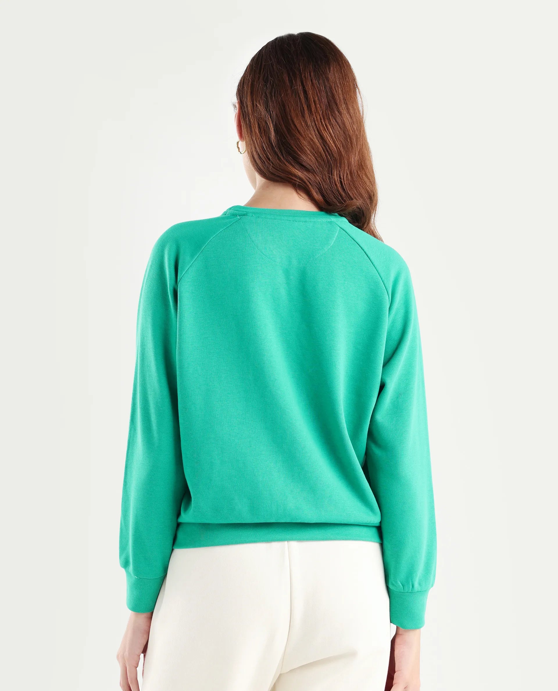 Rareism Women's Medium Weight Terry 290 Gsm Cotton Blend Crew Neck Plain Cuffed Sleeve Relaxed Fit Sweatshirt