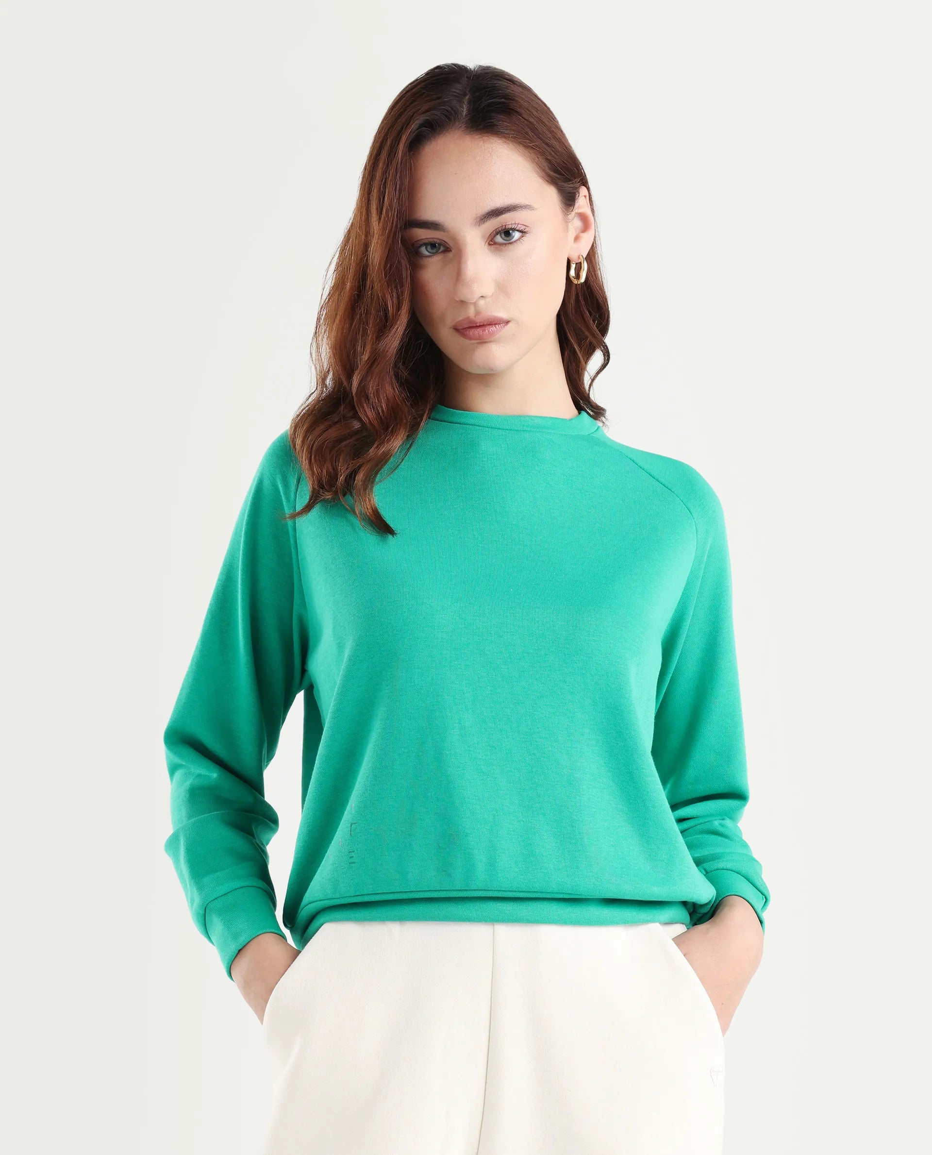 Rareism Women's Medium Weight Terry 290 Gsm Cotton Blend Crew Neck Plain Cuffed Sleeve Relaxed Fit Sweatshirt