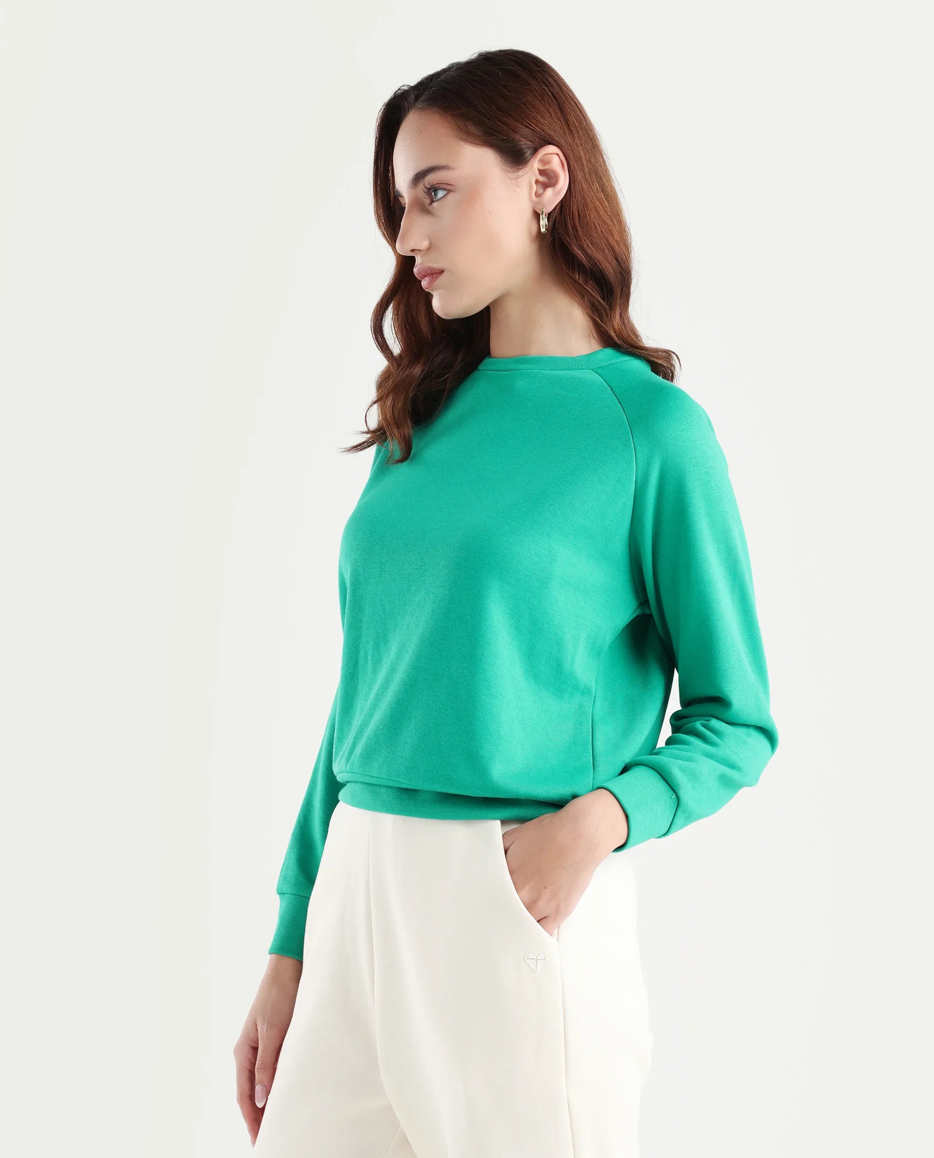 Rareism Women's Medium Weight Terry 290 Gsm Cotton Blend Crew Neck Plain Cuffed Sleeve Relaxed Fit Sweatshirt