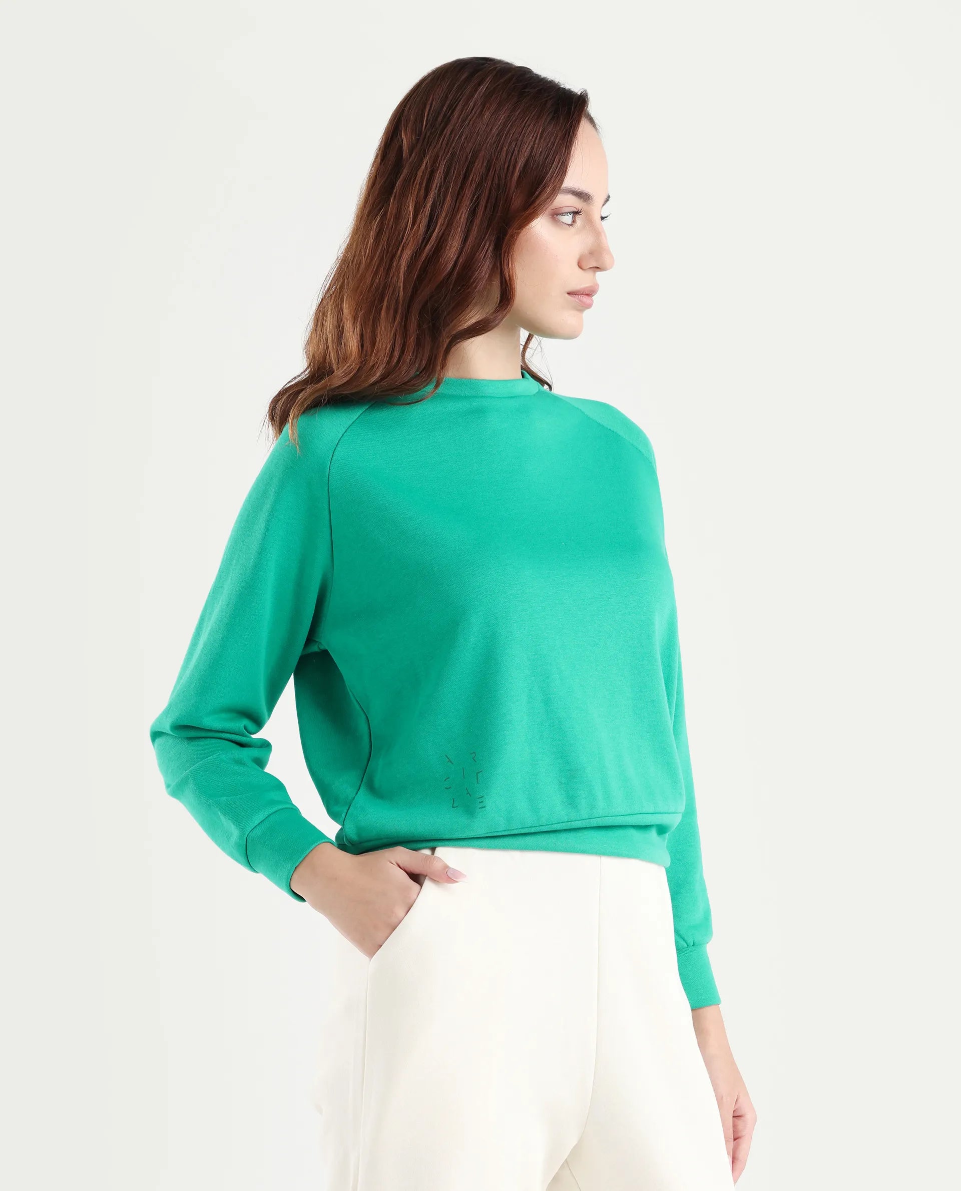 Rareism Women's Medium Weight Terry 290 Gsm Cotton Blend Crew Neck Plain Cuffed Sleeve Relaxed Fit Sweatshirt