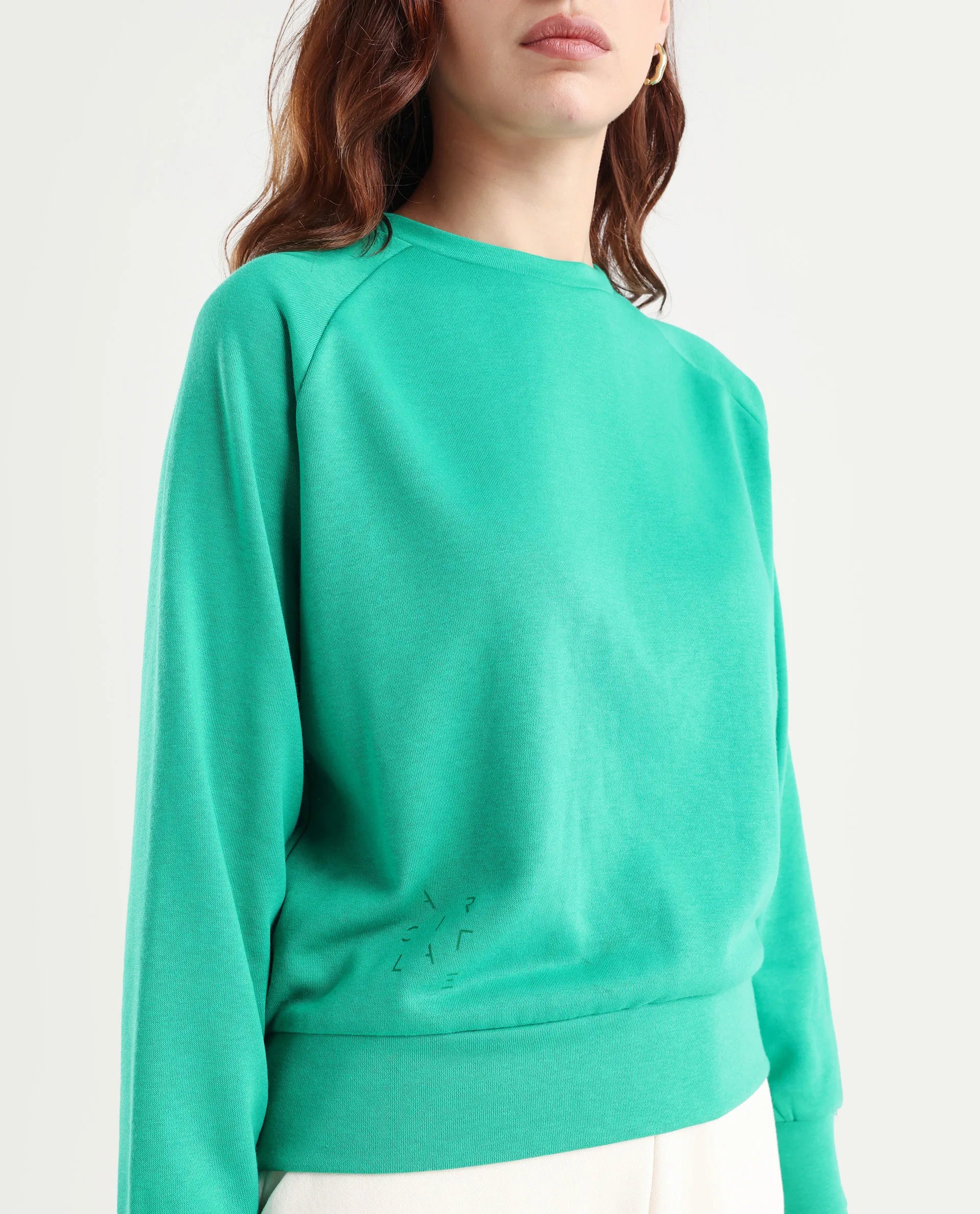 Rareism Women's Medium Weight Terry 290 Gsm Cotton Blend Crew Neck Plain Cuffed Sleeve Relaxed Fit Sweatshirt