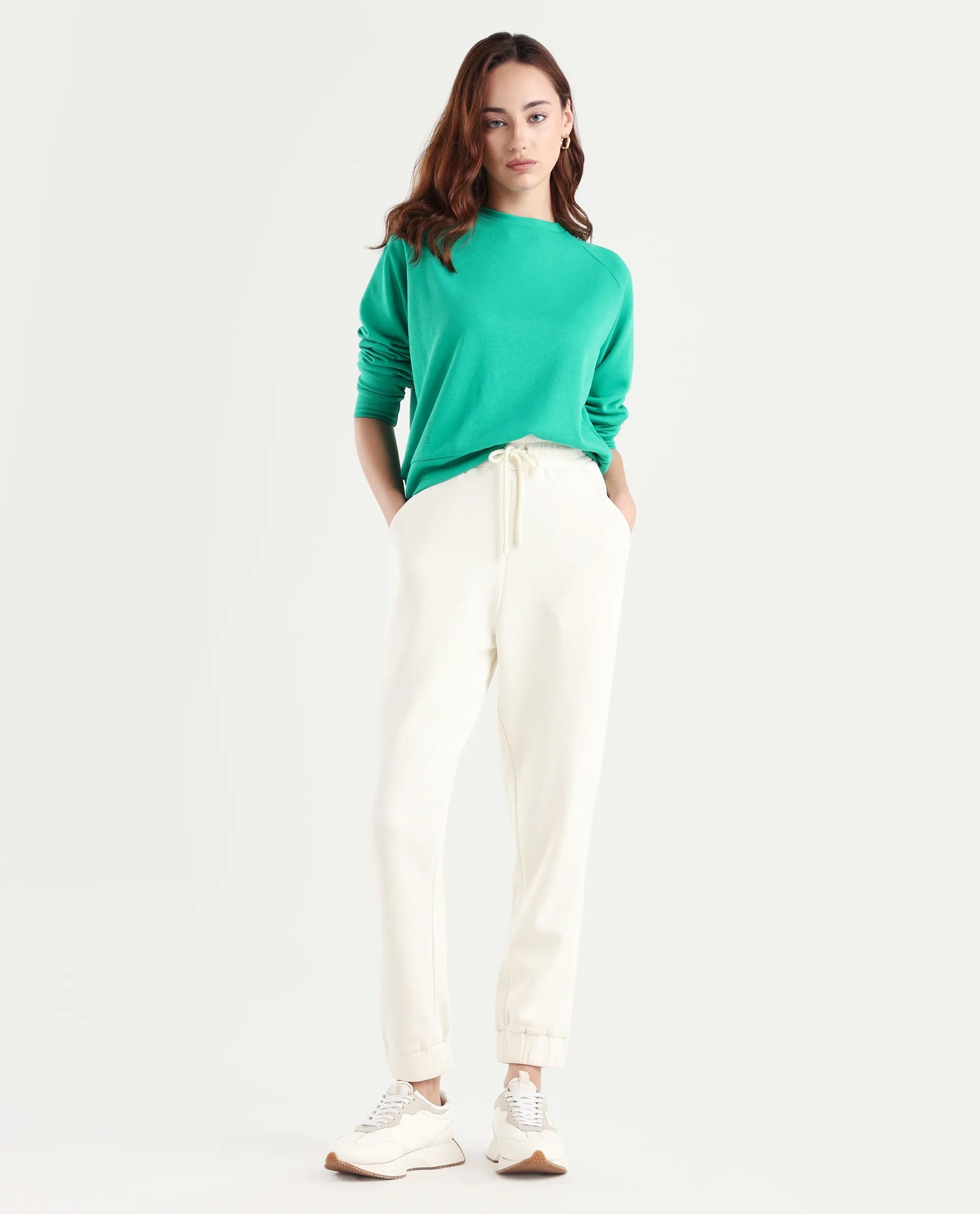 Rareism Women's Medium Weight Terry 290 Gsm Cotton Blend Crew Neck Plain Cuffed Sleeve Relaxed Fit Sweatshirt