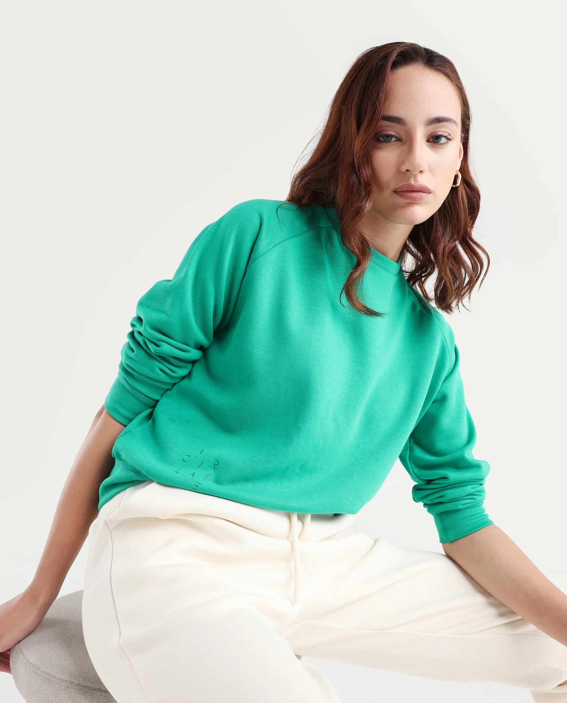 Rareism Women's Medium Weight Terry 290 Gsm Cotton Blend Crew Neck Plain Cuffed Sleeve Relaxed Fit Sweatshirt