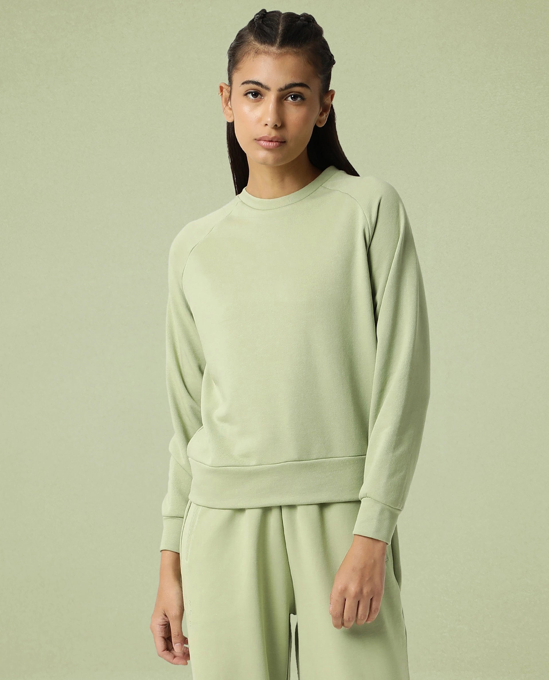 Rareism Women Cax Light Green Cotton Blend Fabric Relaxed Fit Full Sleeves Solid Round Neck Sweatshirt