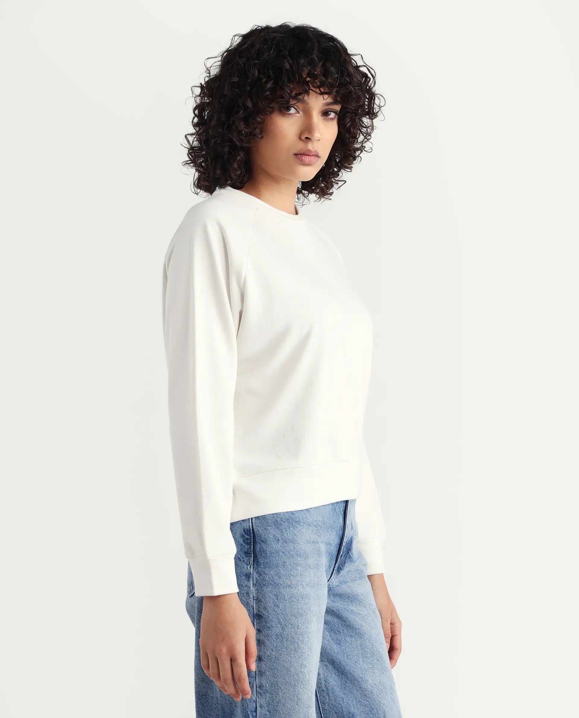 Rareism Women's Medium Weight Terry 290 Gsm Cotton Blend Crew Neck Plain Cuffed Sleeve Relaxed Fit Sweatshirt