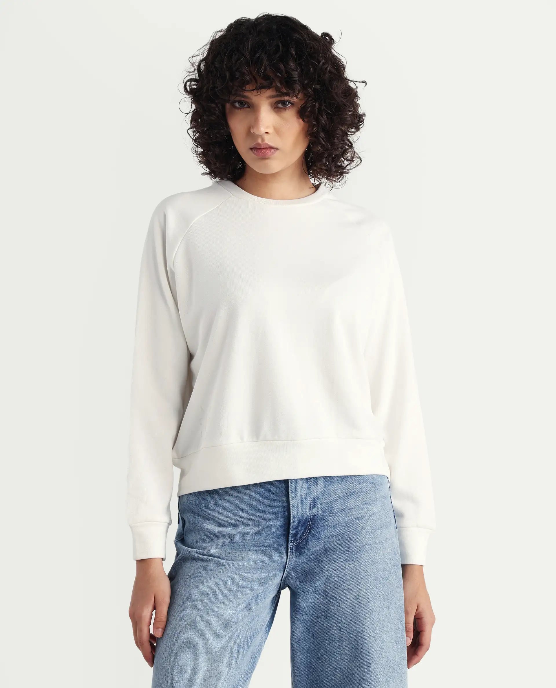 Rareism Women's Medium Weight Terry 290 Gsm Cotton Blend Crew Neck Plain Cuffed Sleeve Relaxed Fit Sweatshirt