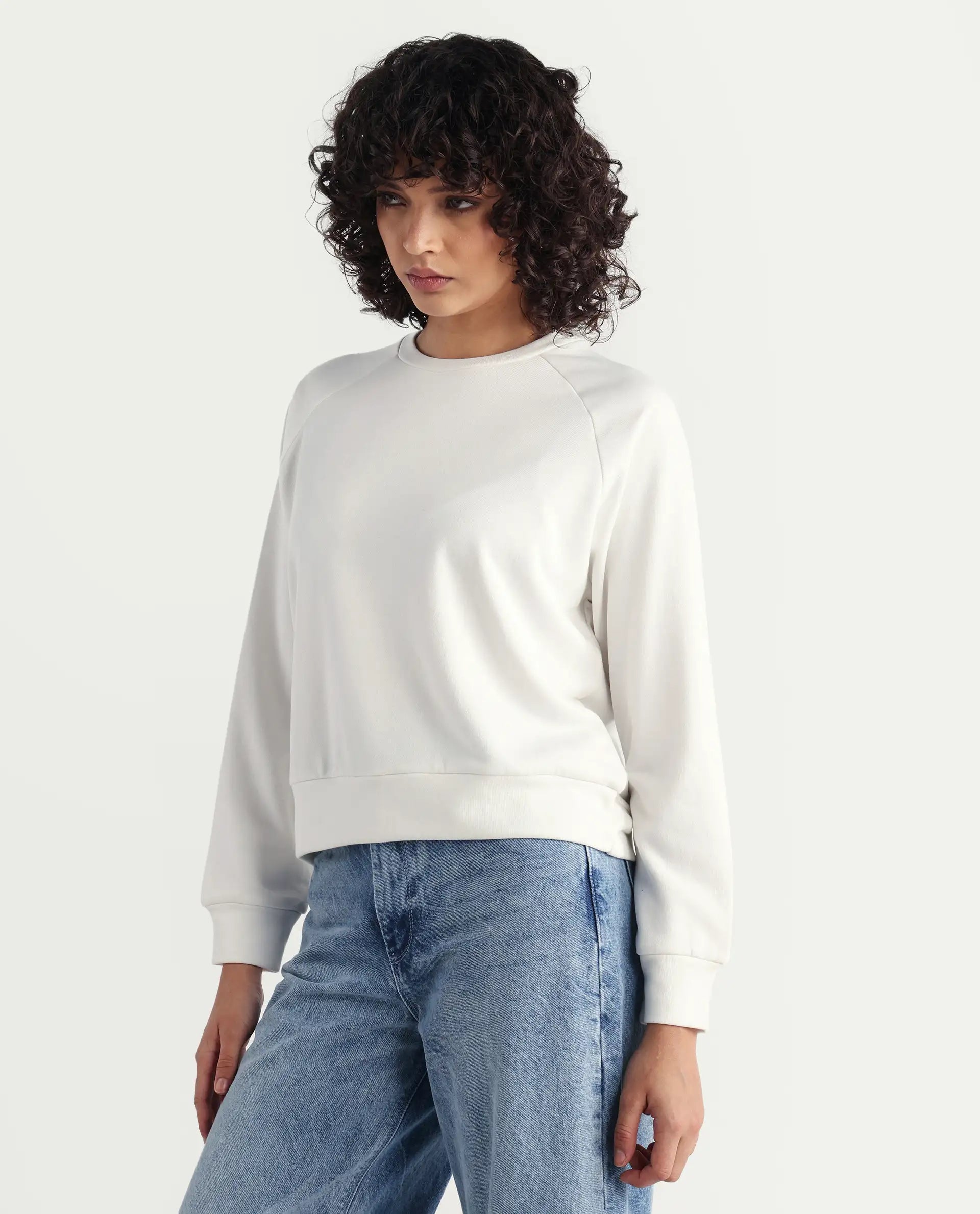 Rareism Women's Medium Weight Terry 290 Gsm Cotton Blend Crew Neck Plain Cuffed Sleeve Relaxed Fit Sweatshirt