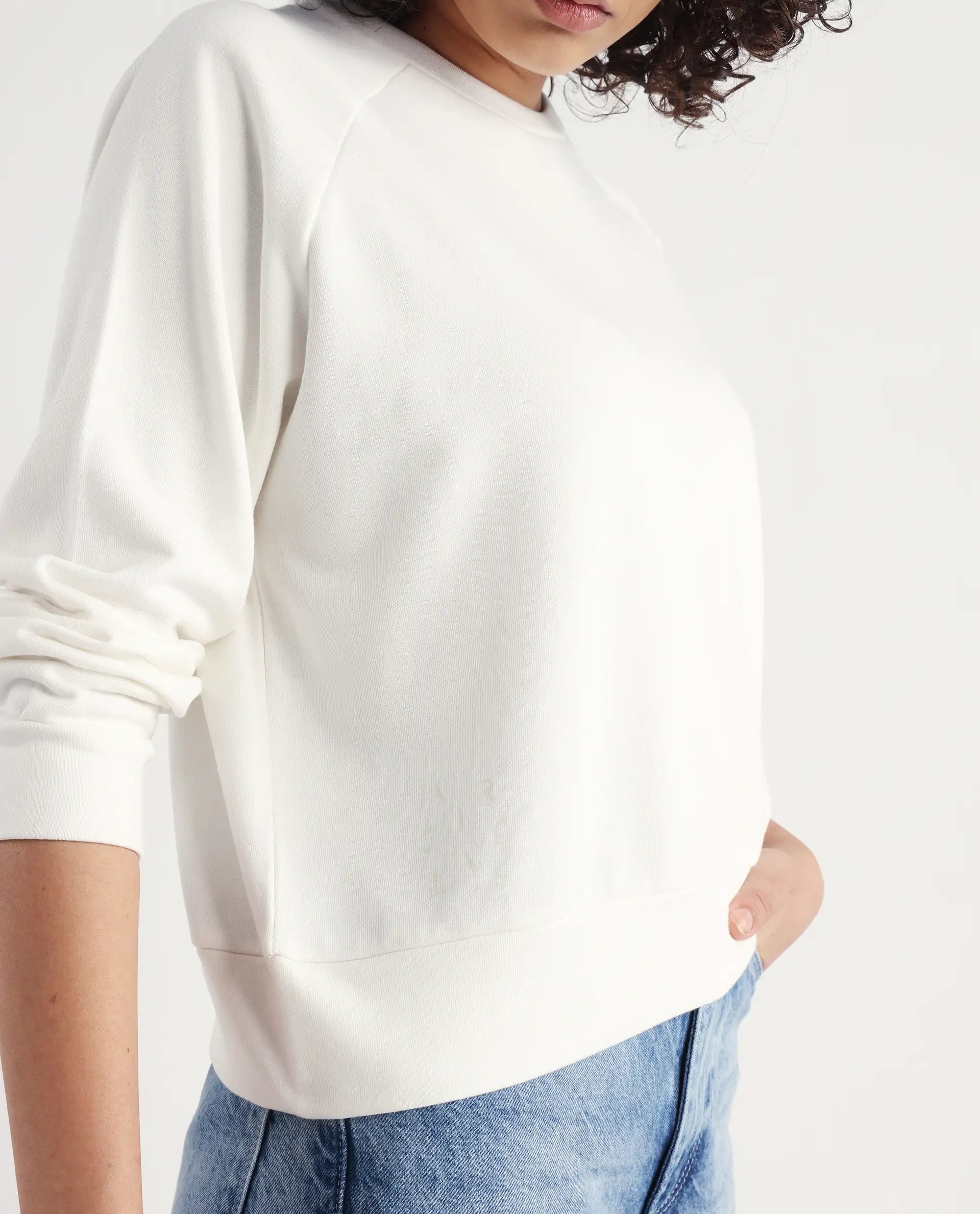 Rareism Women's Medium Weight Terry 290 Gsm Cotton Blend Crew Neck Plain Cuffed Sleeve Relaxed Fit Sweatshirt