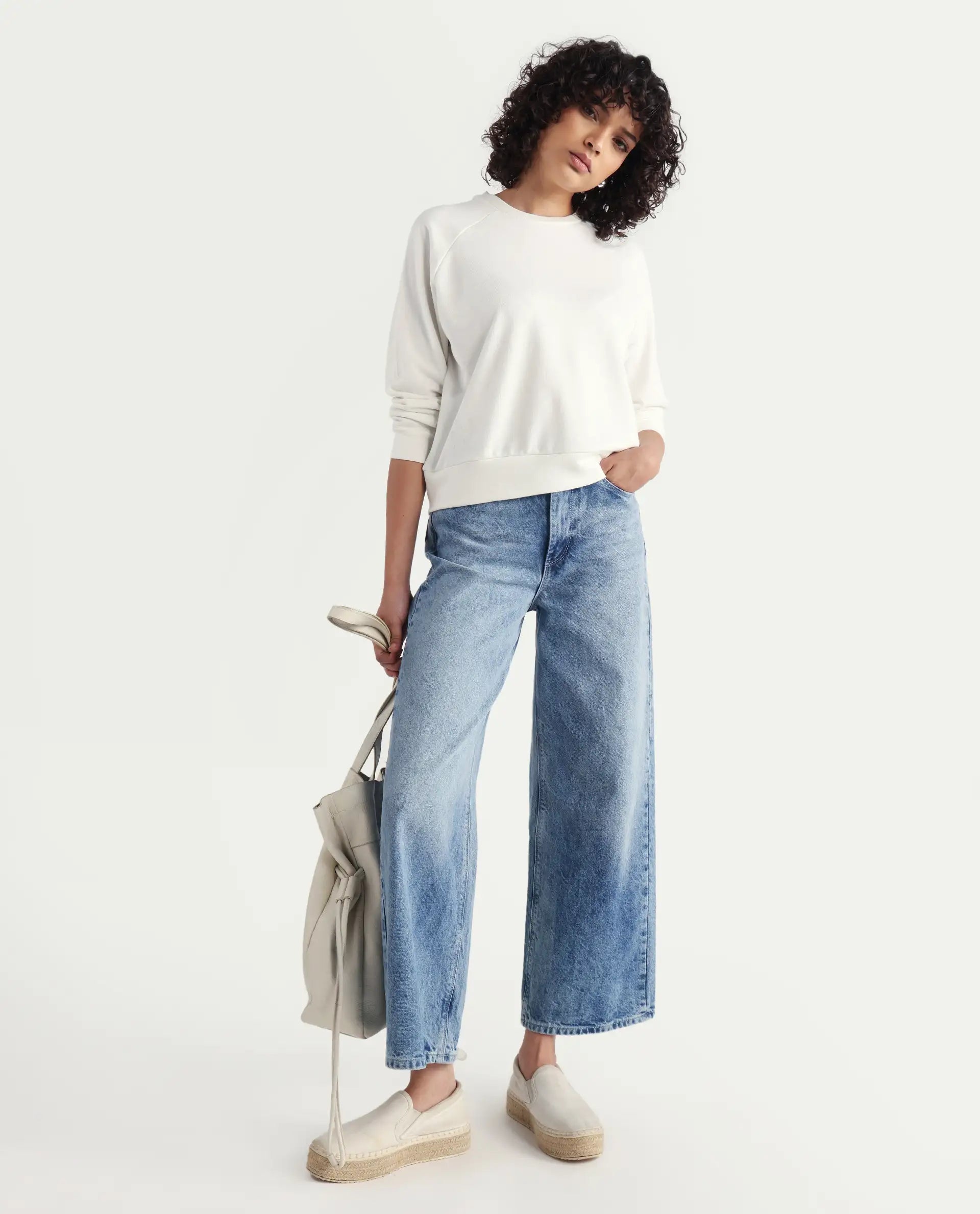 Rareism Women's Medium Weight Terry 290 Gsm Cotton Blend Crew Neck Plain Cuffed Sleeve Relaxed Fit Sweatshirt