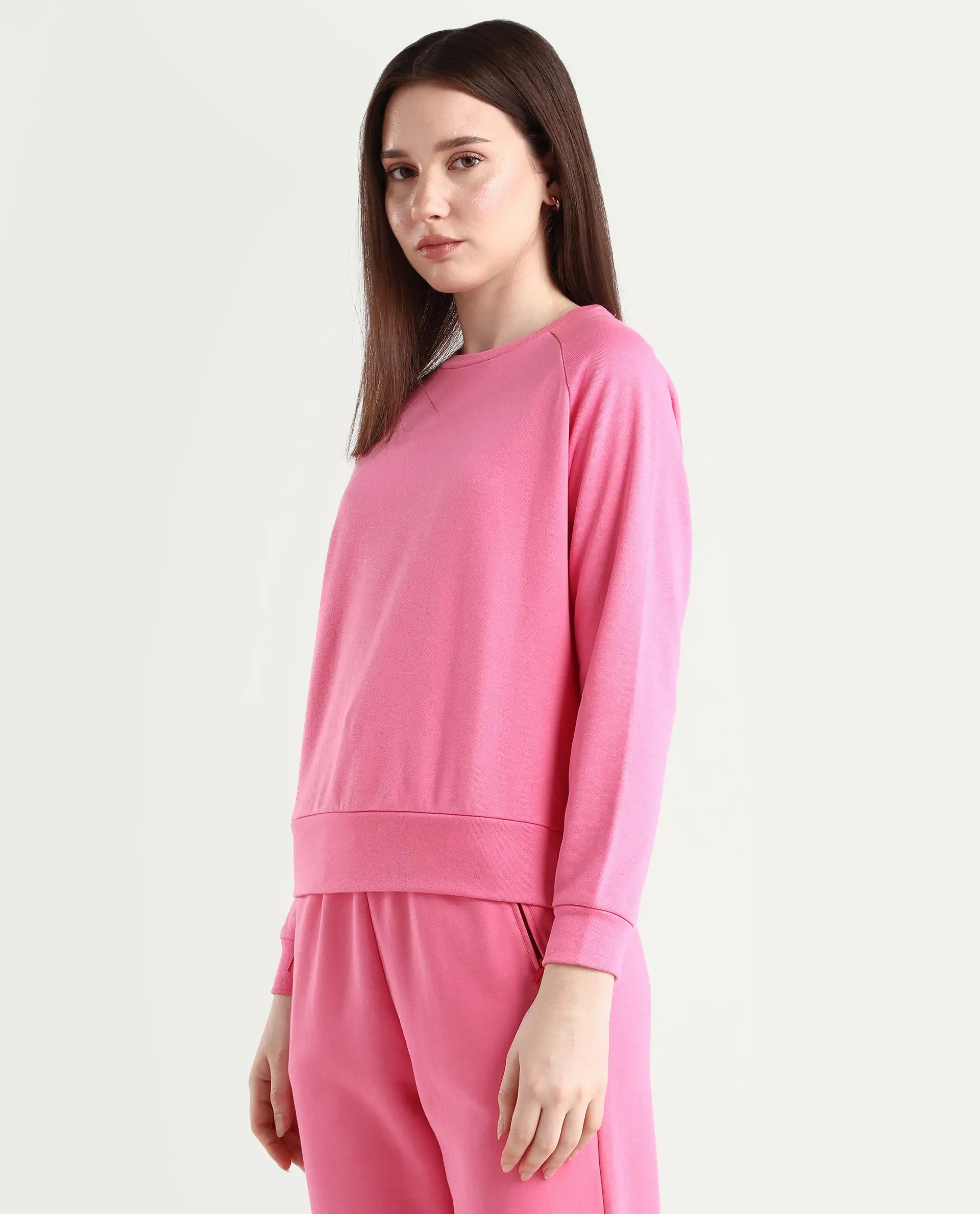 Rareism Women's Medium Weight Terry 290 Gsm Cotton Blend Crew Neck Plain Cuffed Sleeve Relaxed Fit Sweatshirt