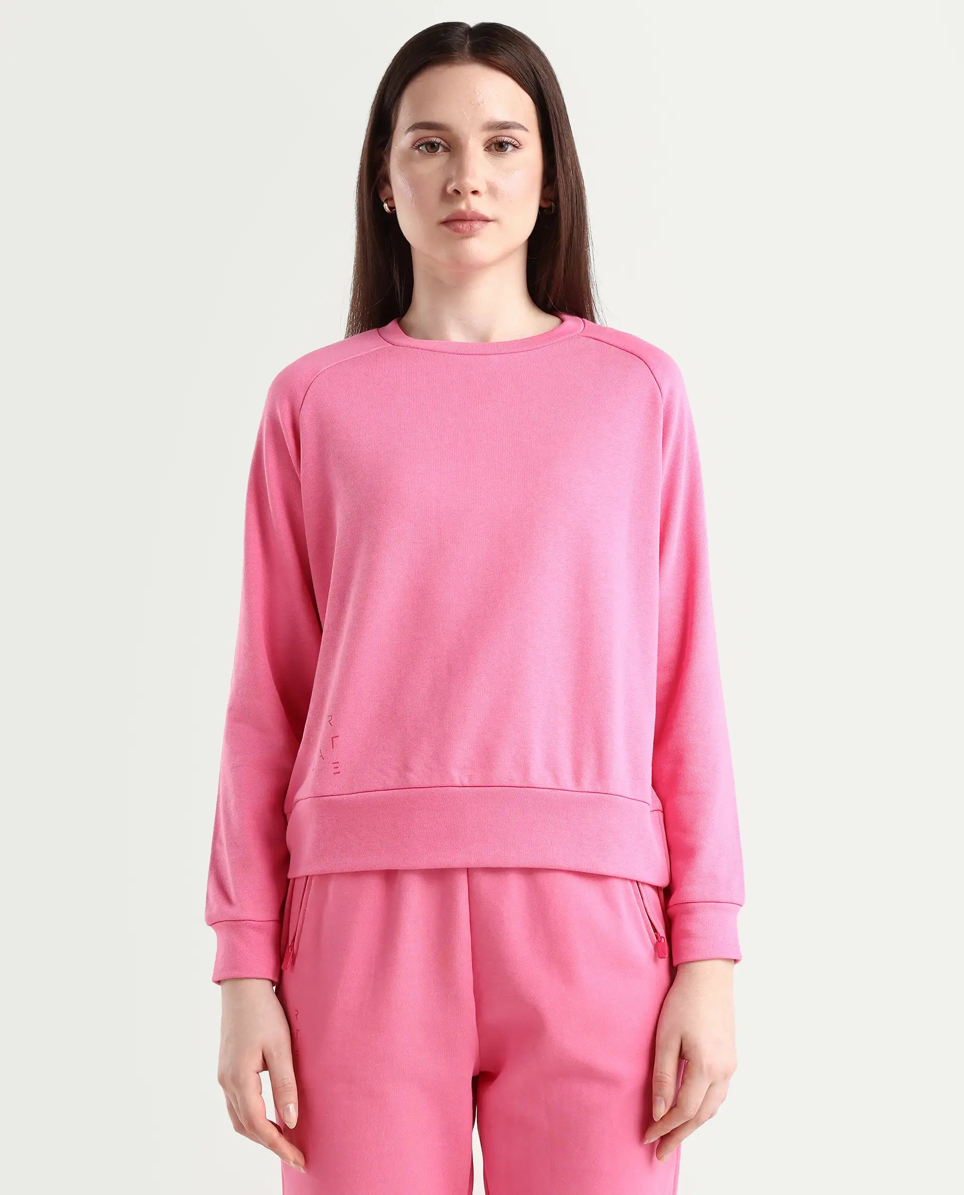 Rareism Women's Medium Weight Terry 290 Gsm Cotton Blend Crew Neck Plain Cuffed Sleeve Relaxed Fit Sweatshirt