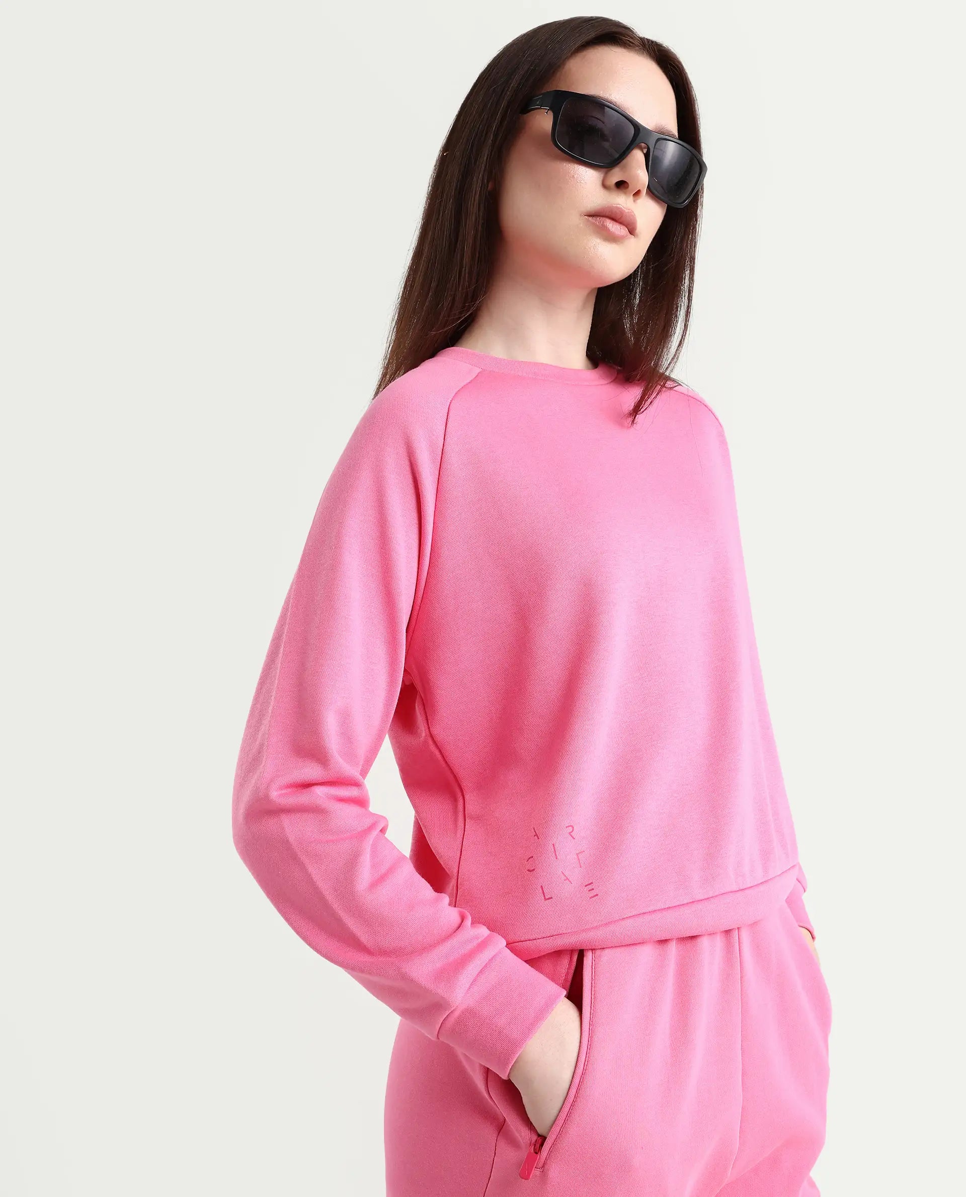 Rareism Women's Medium Weight Terry 290 Gsm Cotton Blend Crew Neck Plain Cuffed Sleeve Relaxed Fit Sweatshirt