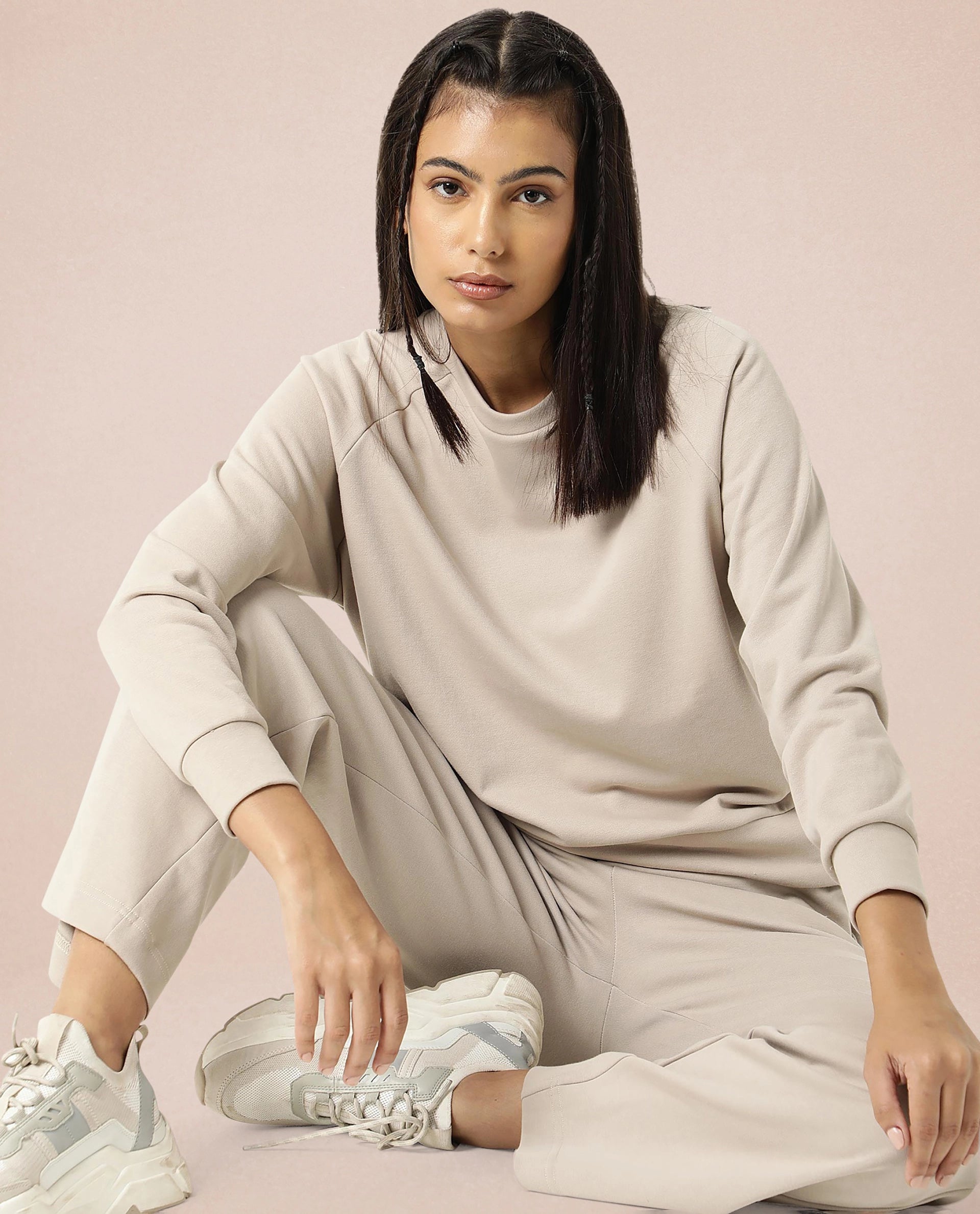 Rareism Women Cax Beige Cotton Blend Fabric Relaxed Fit Full Sleeves Solid Round Neck Sweatshirt