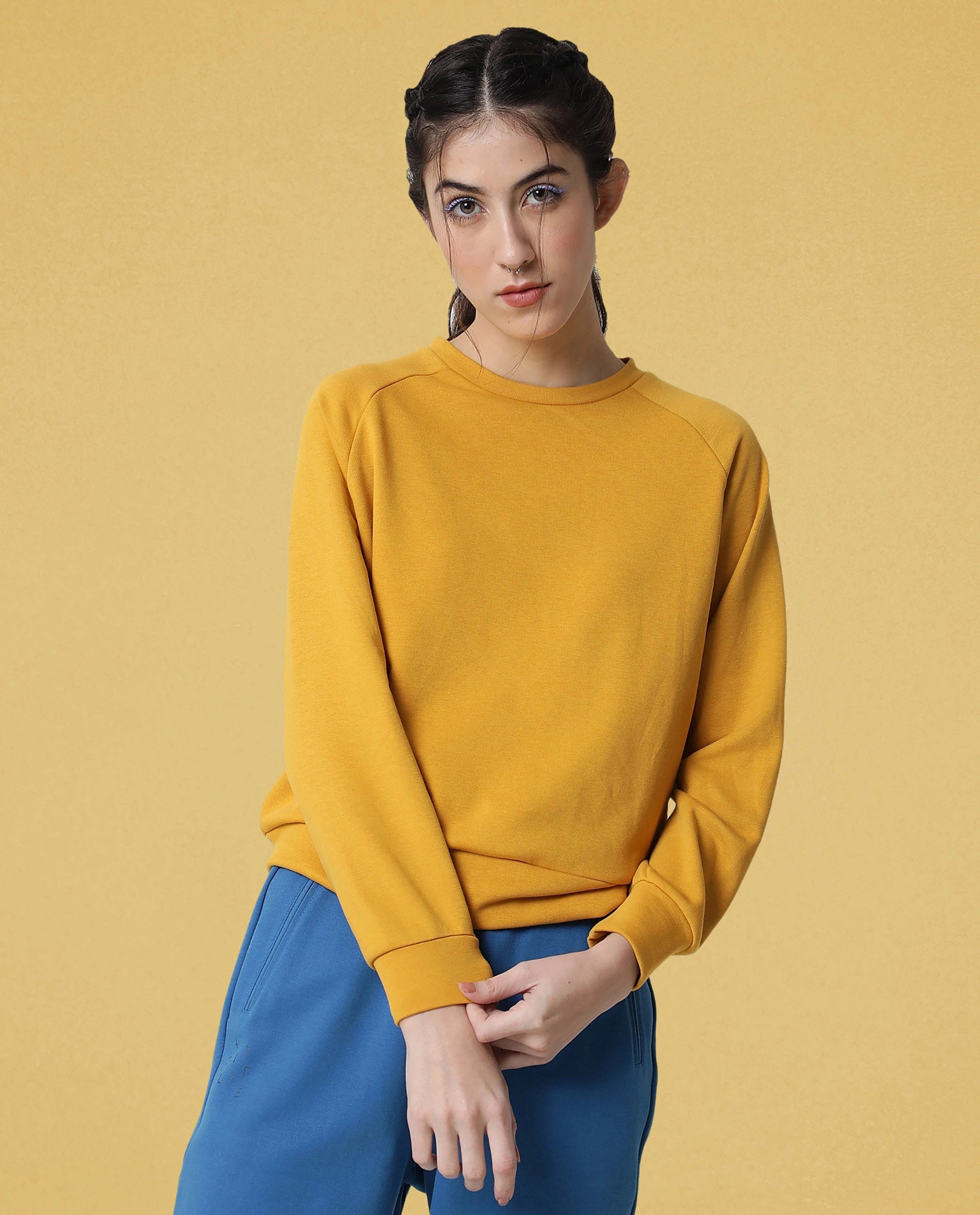 Rareism Women Cax Mustard Cotton Blend Fabric Relaxed Fit Full Sleeves Solid Round Neck Sweatshirt