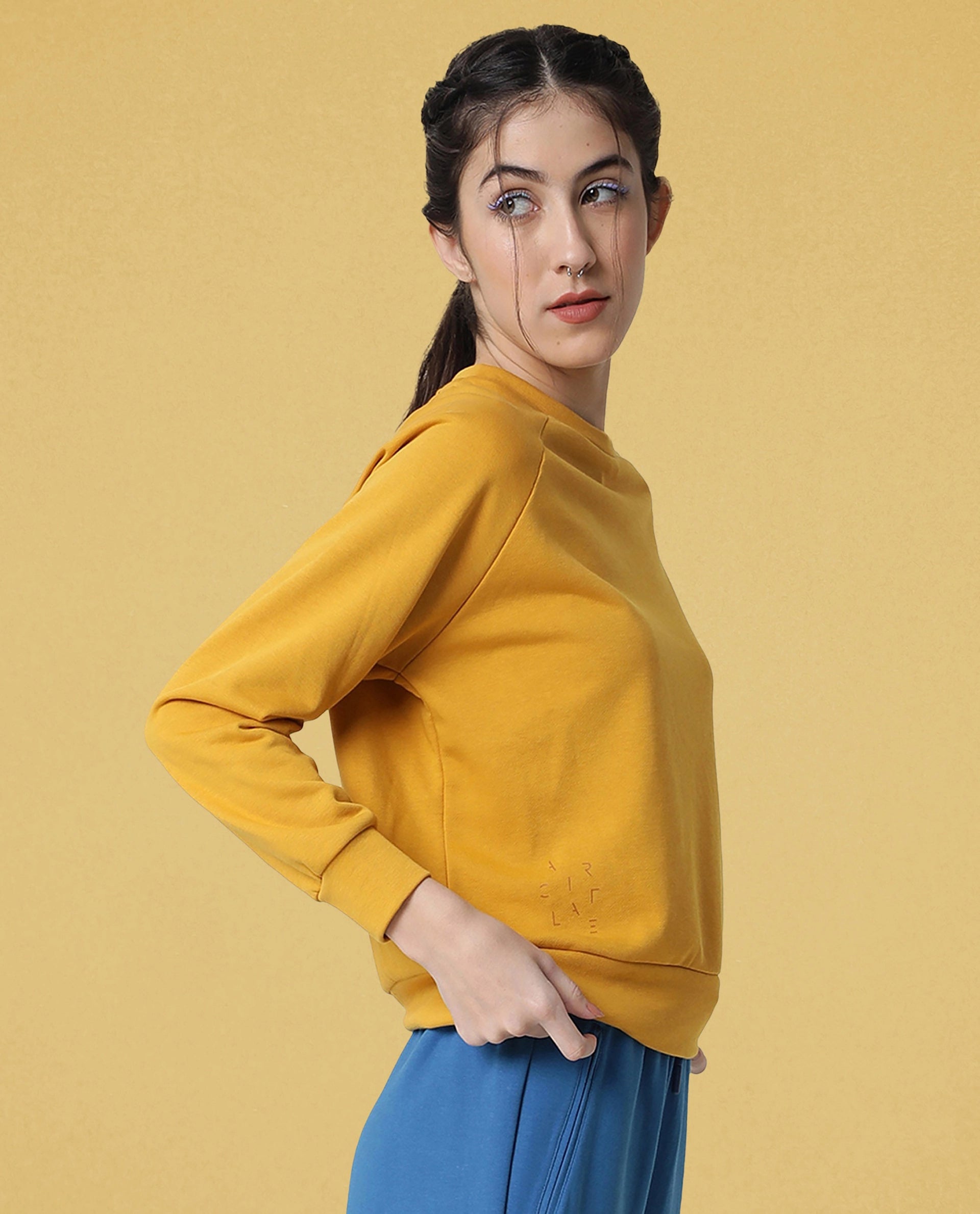 Rareism Women Cax Mustard Cotton Blend Fabric Relaxed Fit Full Sleeves Solid Round Neck Sweatshirt