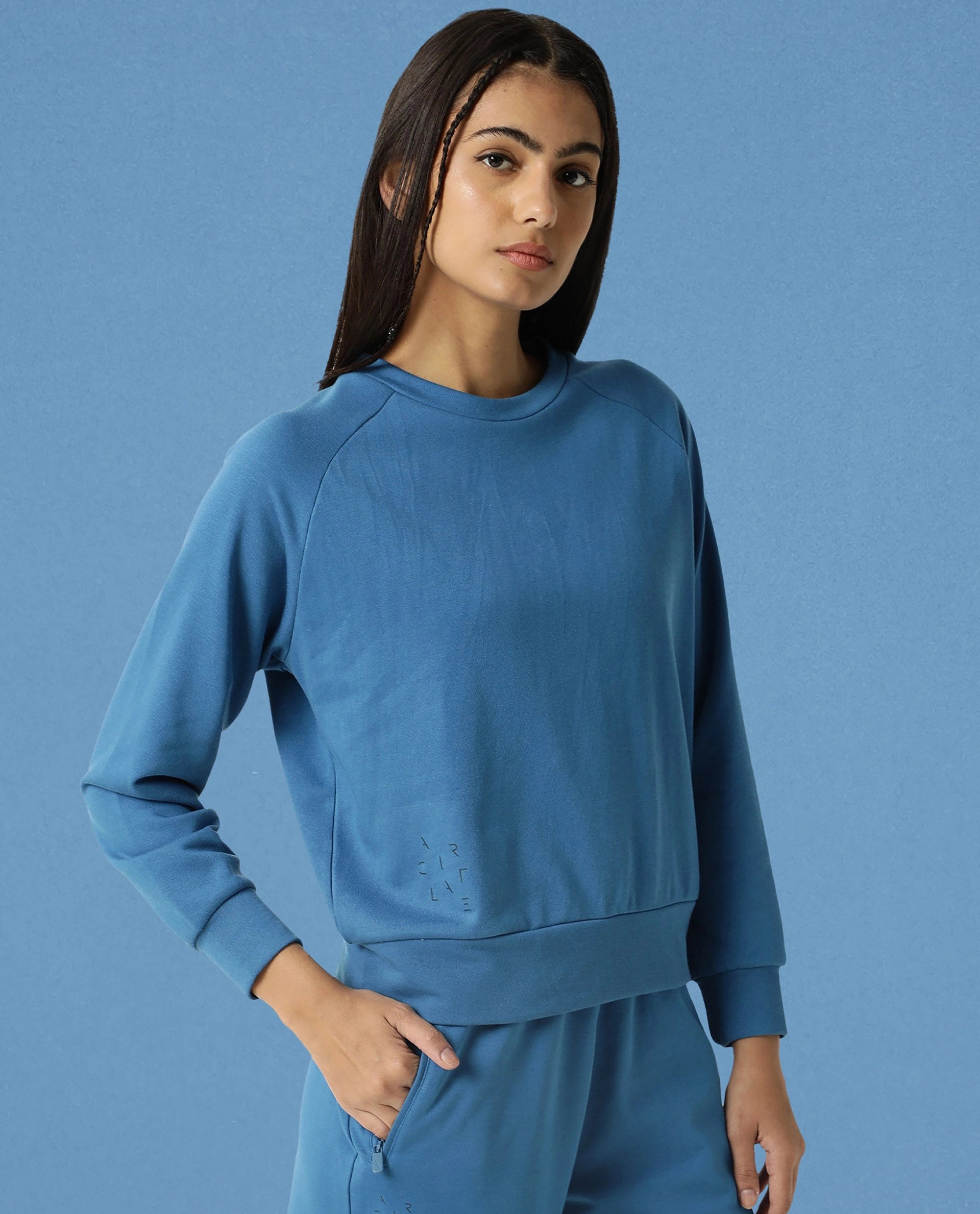 Rareism Women Cax Petrol Cotton Blend Fabric Relaxed Fit Full Sleeves Solid Round Neck Sweatshirt